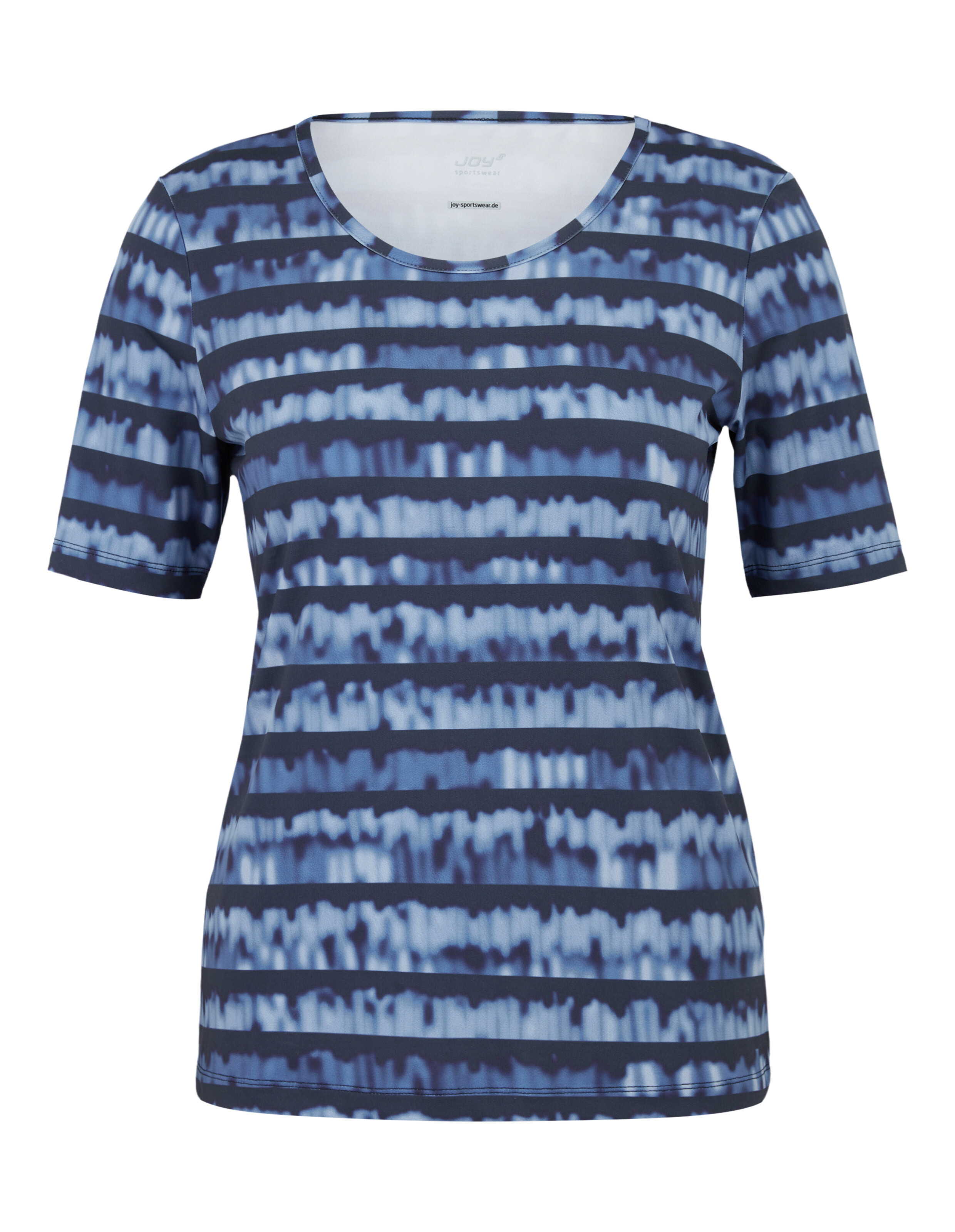 Blau und weiß gestreiftes T-Shirt mit kurzen Ärmeln und rundem Ausschnitt, aus leichtem Material in welligem Muster.