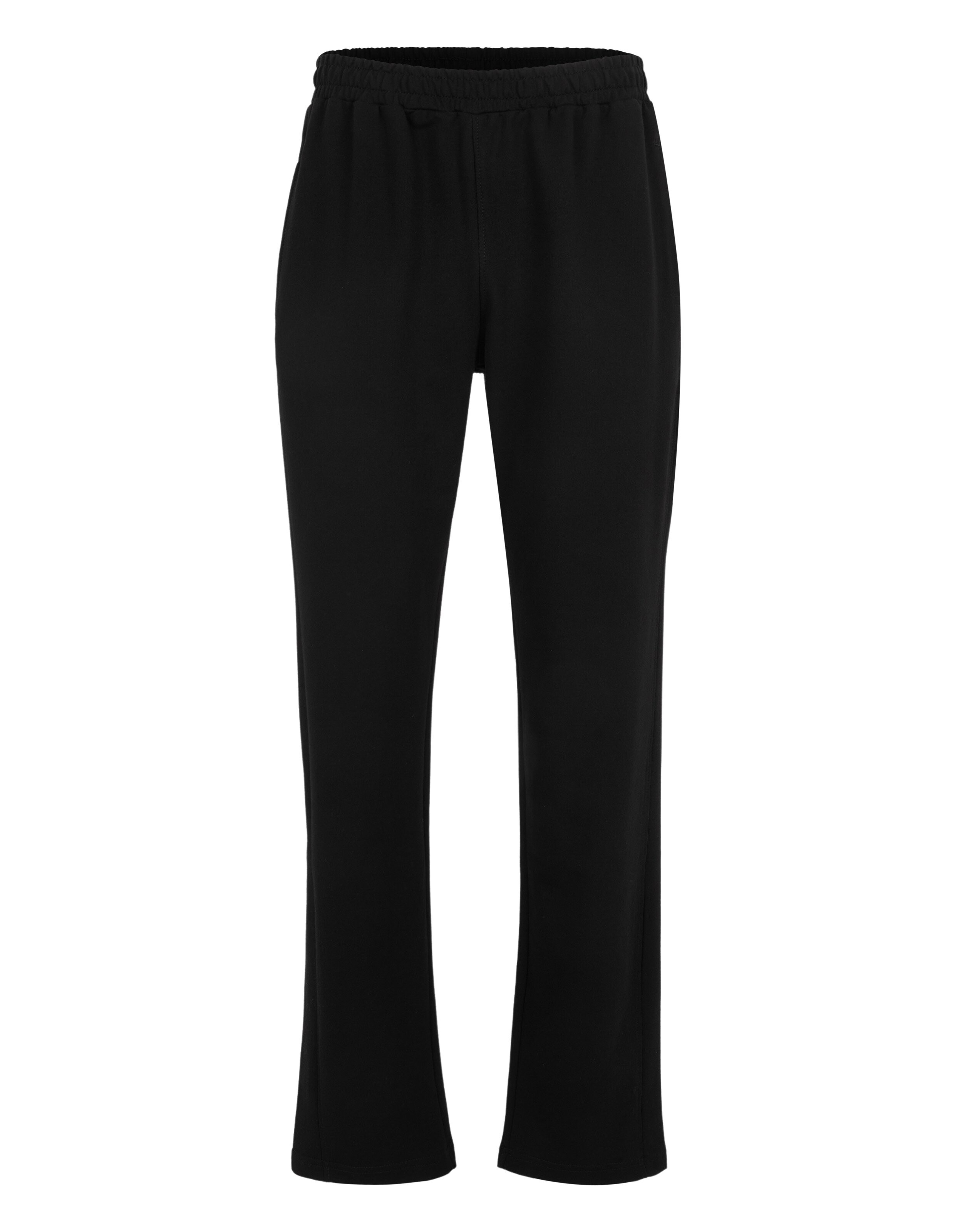 Schwarze gerade geschnittene Jogginghose mit elastischem Bund, ideal für Sport und Freizeit, vor weißem Hintergrund fotografiert.