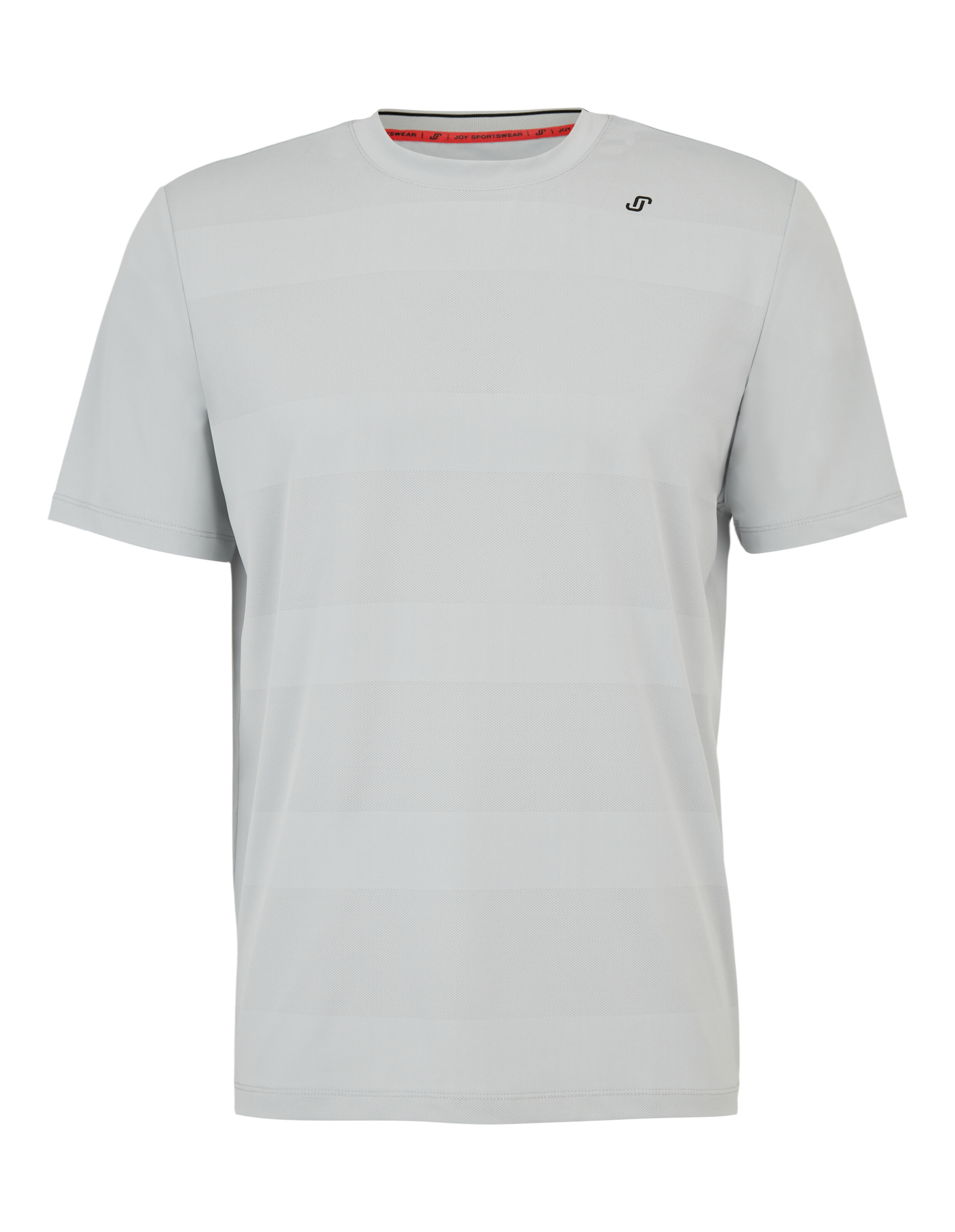 Ein hellgraues T-Shirt mit dezentem Streifenmuster und kleinem schwarzen Logo auf der Brust, Rundhalsausschnitt, ohne sichtbare Nähte.