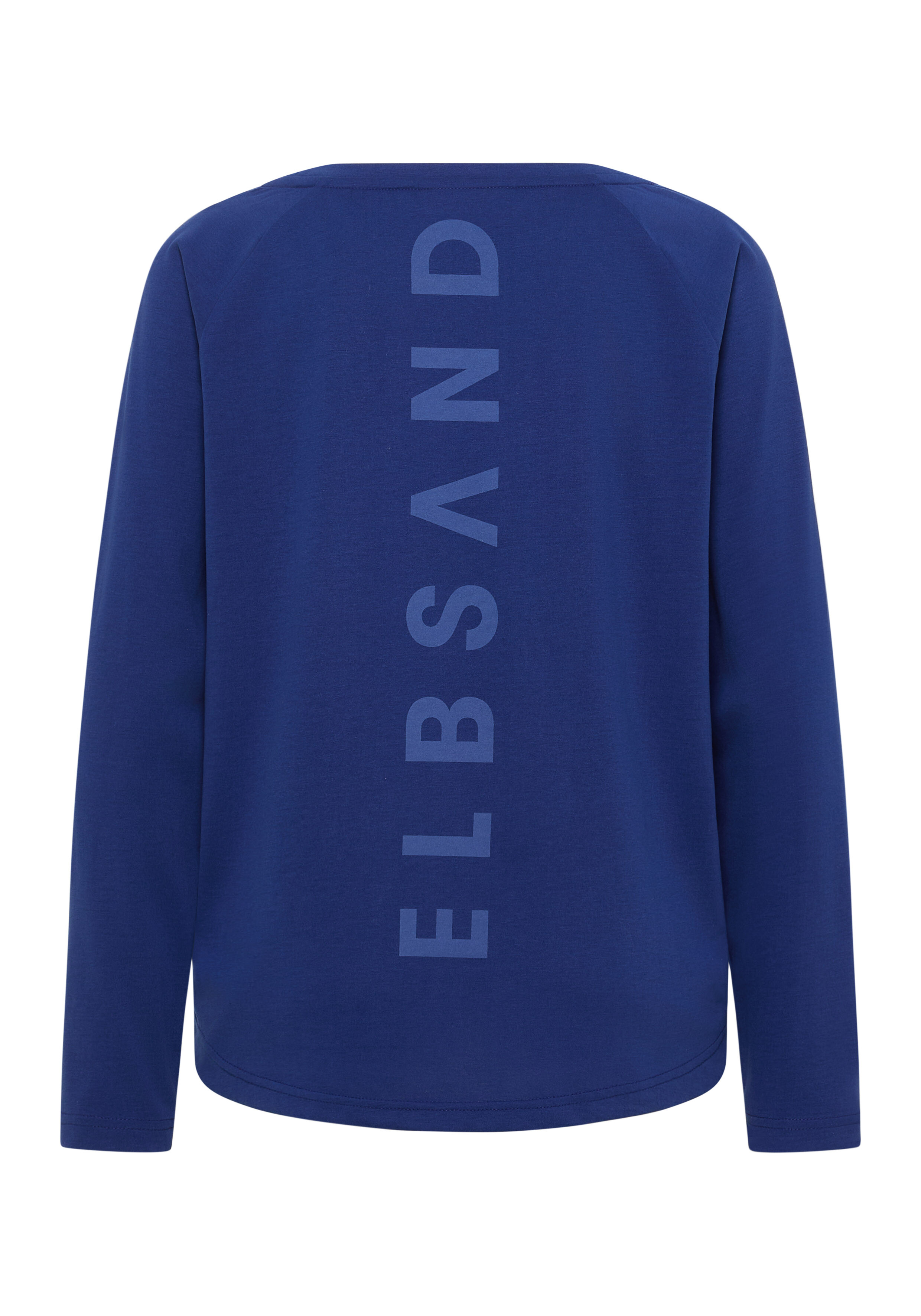 Blaues Langarm-Freizeithemd mit vertikalem ELBSAND-Logodruck auf der Rückseite.