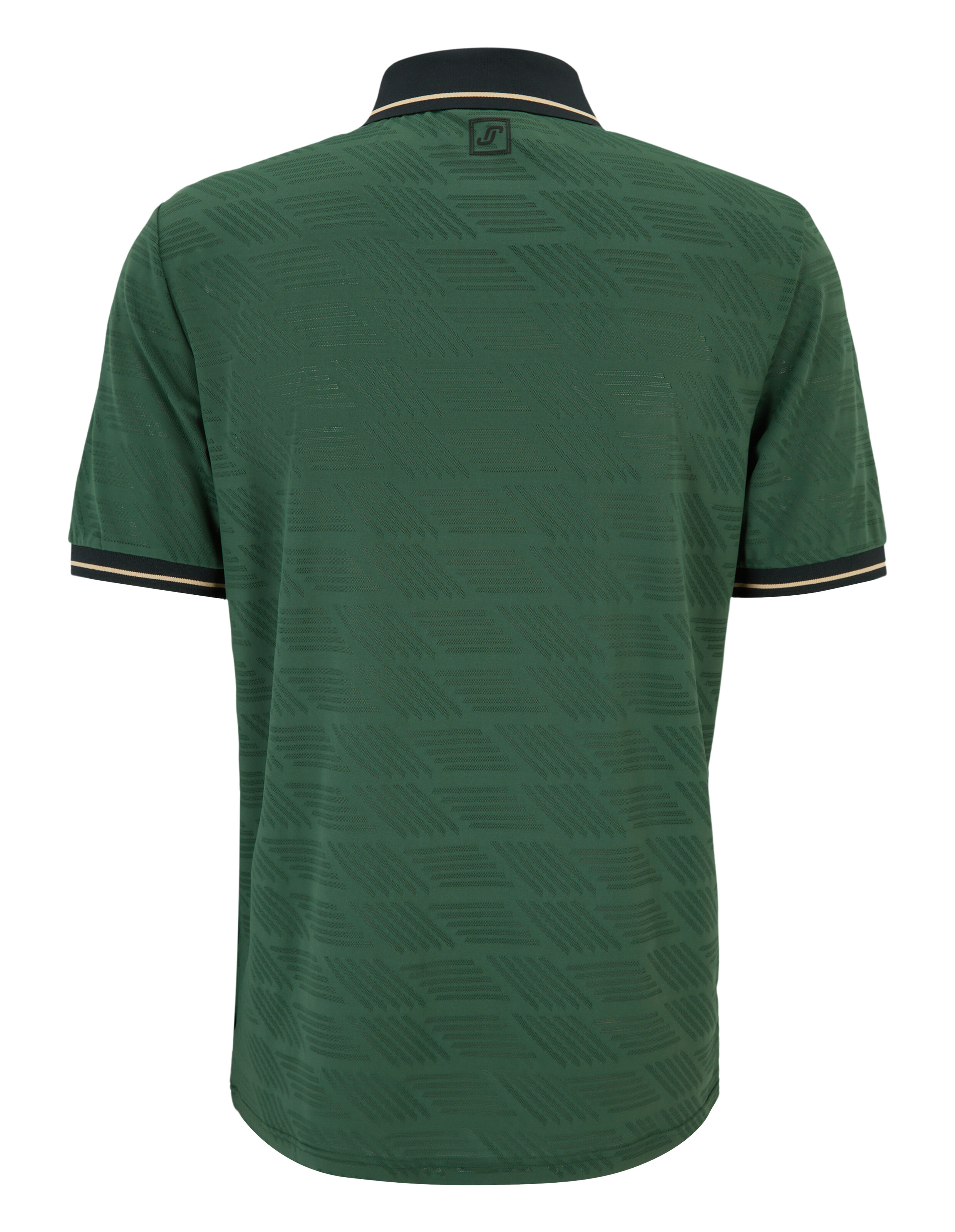 Rückansicht eines grünen Poloshirts mit Strukturmuster und kontrastierendem Kragen.
