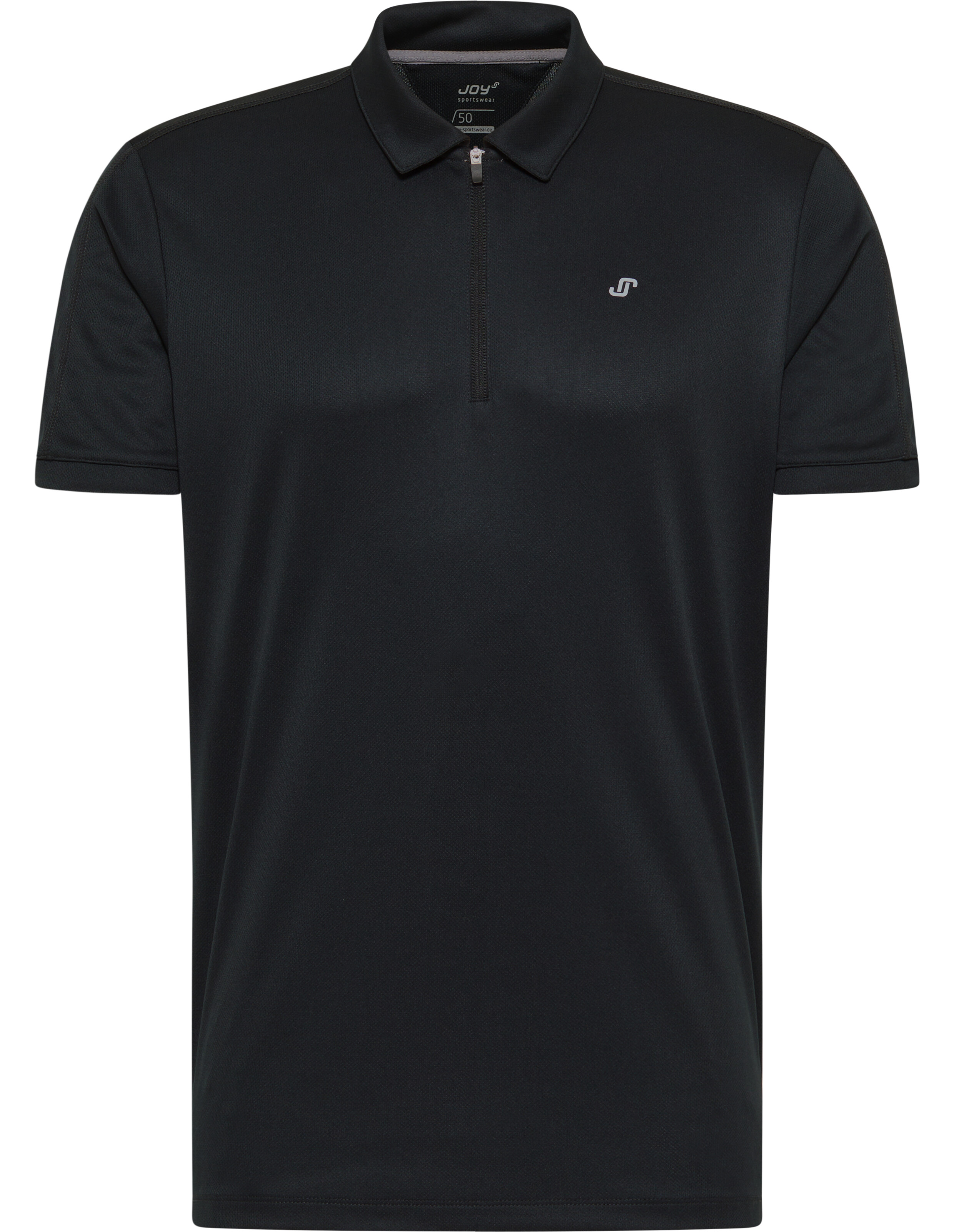 Schwarzes Polohemd aus atmungsaktivem Stoff mit silbernem Logo, kurzem Reißverschluss und klassischem, geripptem Kragen.