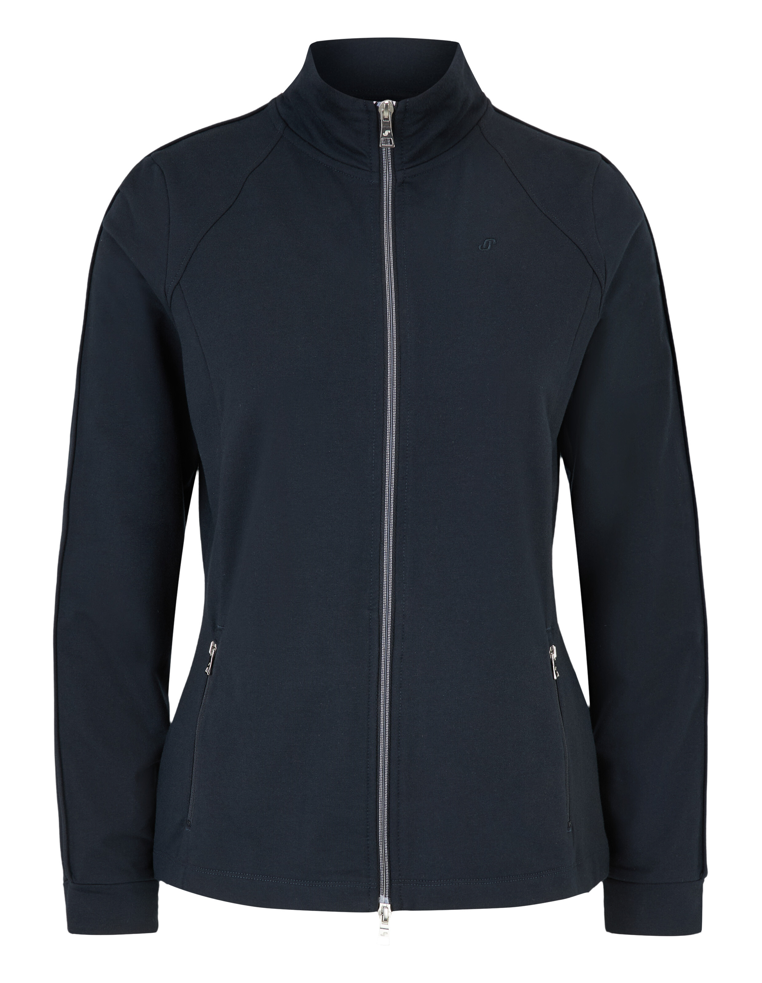 Dunkelblaue Jacke mit Stehkragen, Reißverschluss und zwei seitlichen Taschen, aus leichtem Stoff, schlichtes und modernes Design.
