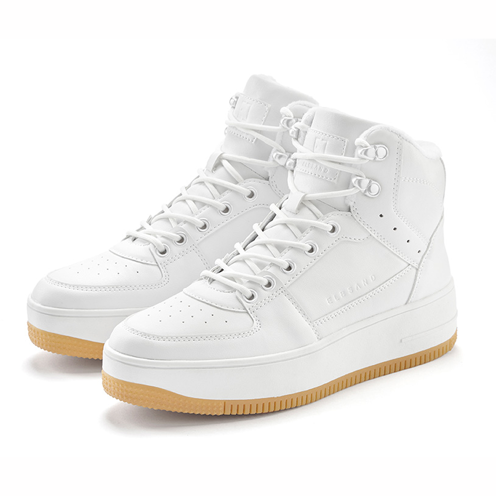 Stylische weiße High-Top-Sneaker mit Gummisohle, perfekt für Freizeitkleidung.