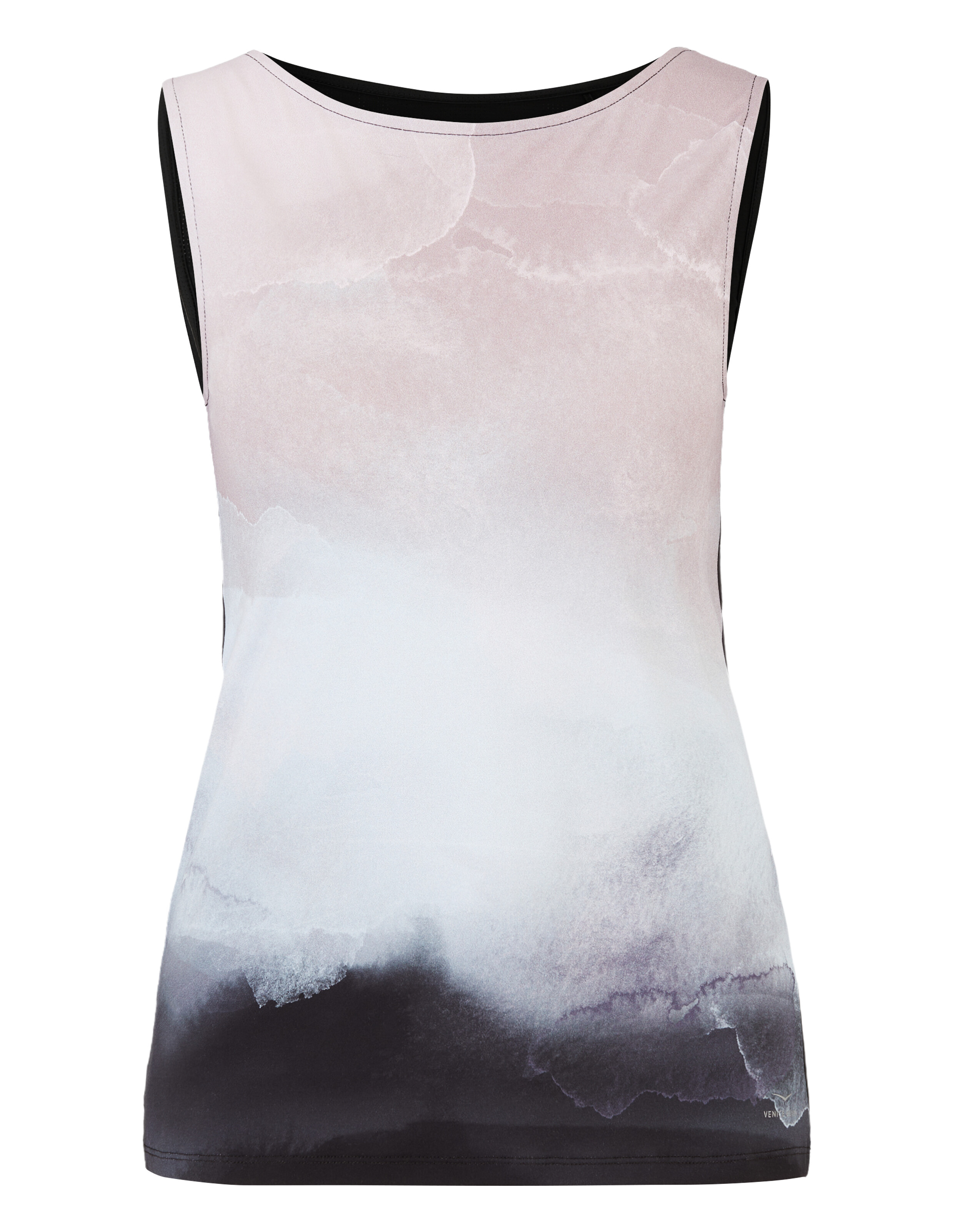 Hellrosa und schwarzes ärmelloses Oberteil mit Aquarellmuster, ideal für Freizeitkleidung.