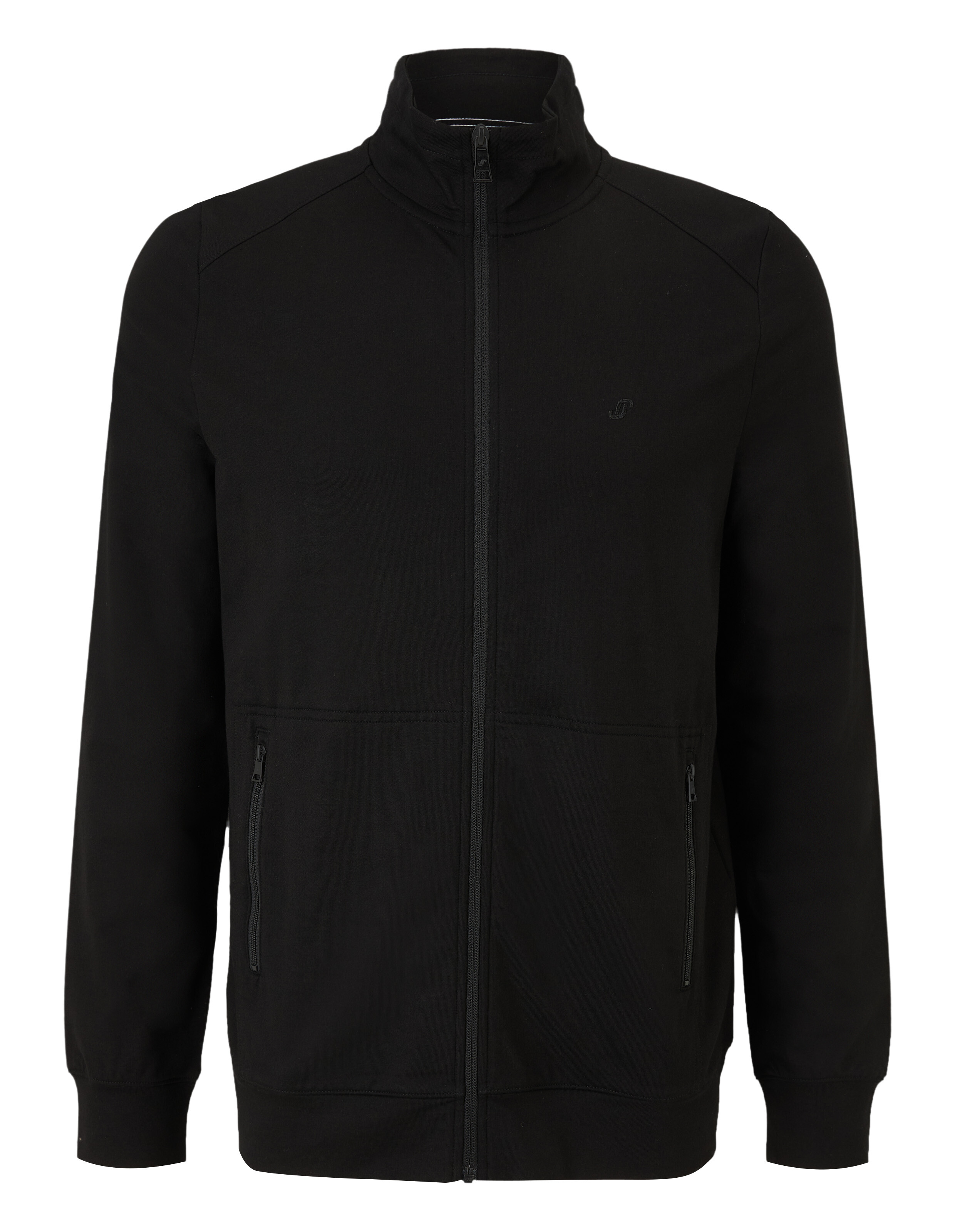 Schwarze Trainingsjacke mit hohem Kragen, durchgehendem Reißverschluss und zwei Reißverschlusstaschen, schlichtes Design.