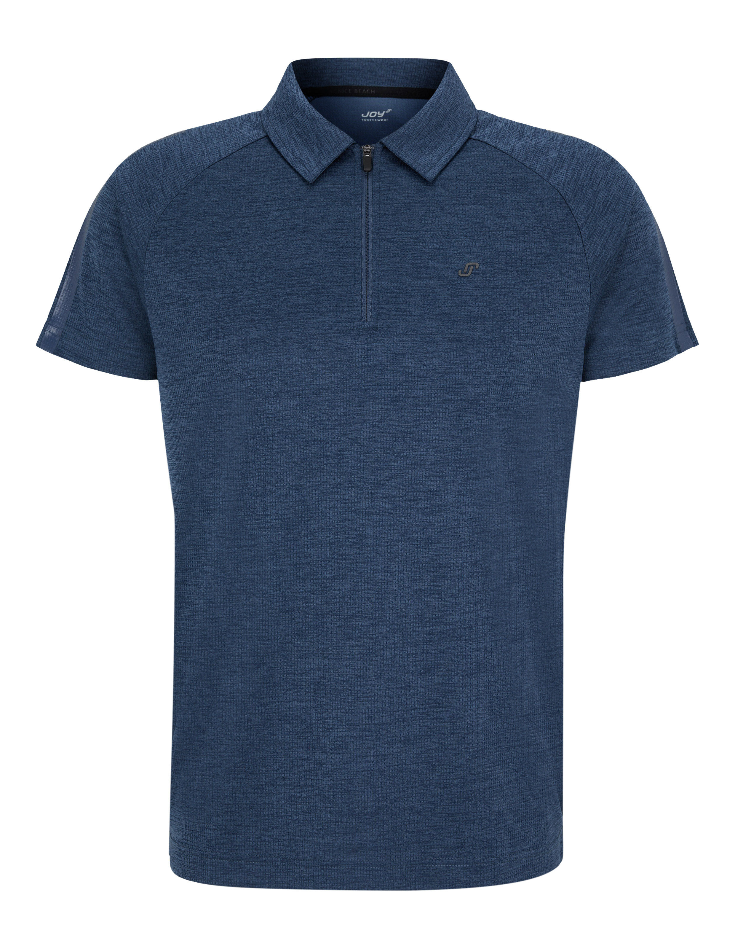 Dunkelblaues Poloshirt mit Brustreißverschluss, kurzen Ärmeln und einem dezenten Logo auf der linken Brustseite.