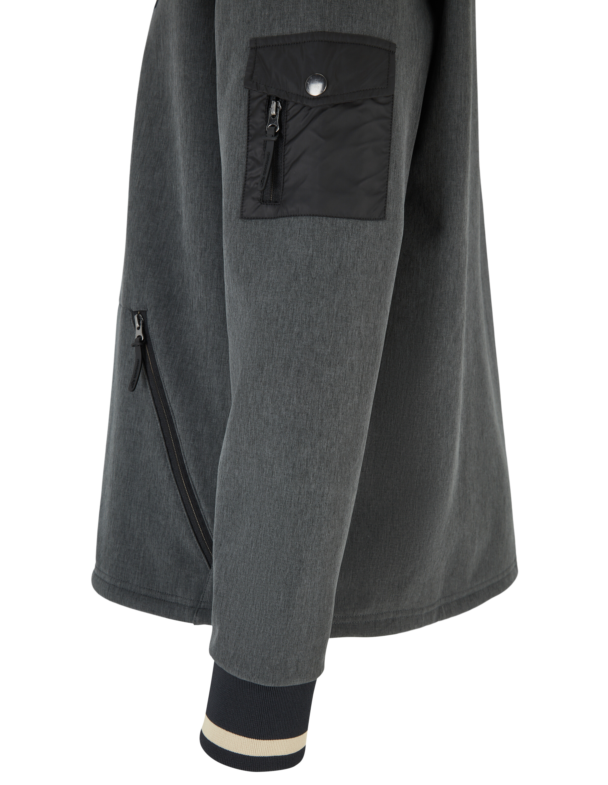 Dunkelgraue Freizeitjacke mit schwarzer Ärmeltasche und gerippten Bündchen.