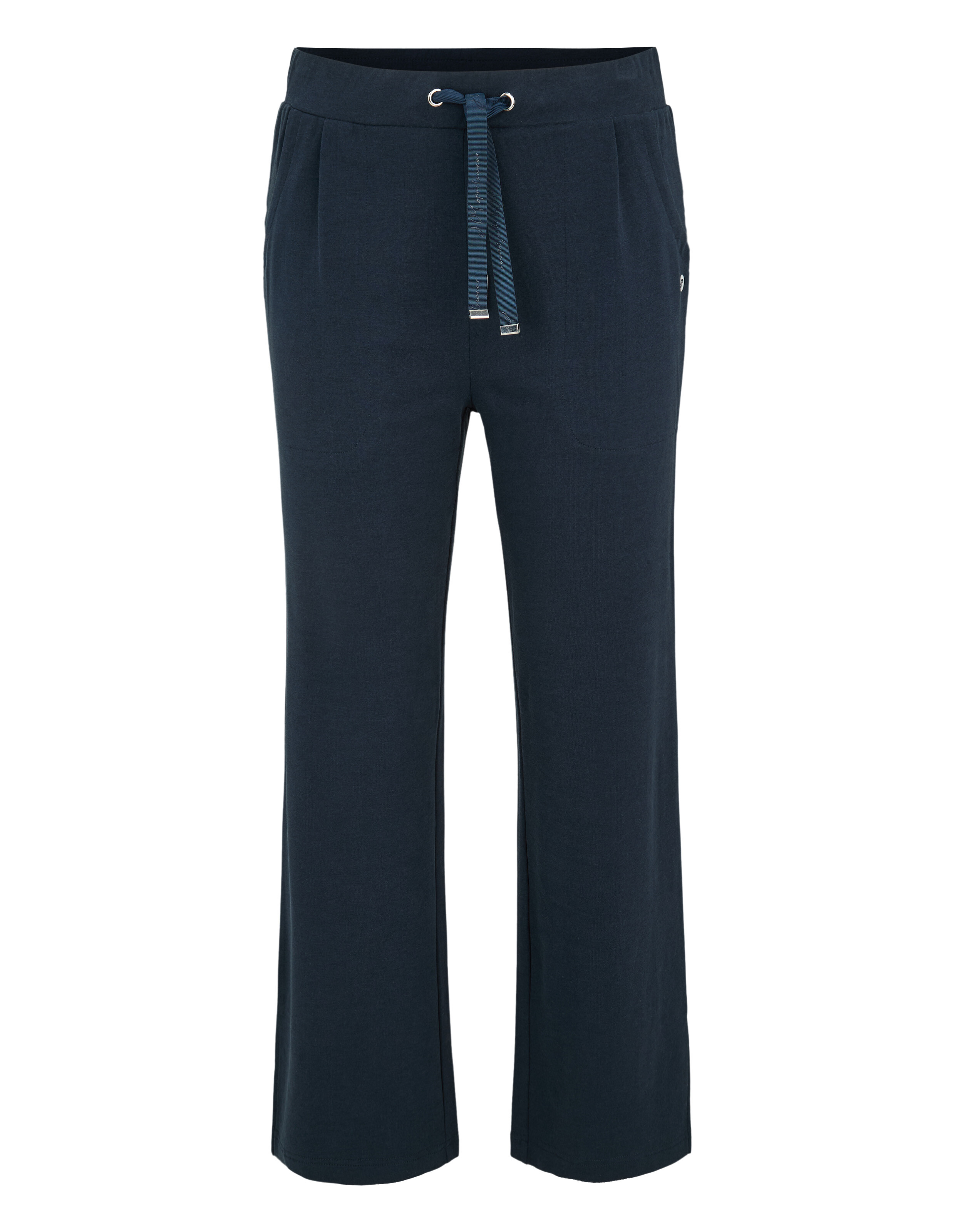 Marineblaue Lounge-Hose mit weitem Bein, Kordelzug in der Taille und Seitentaschen.