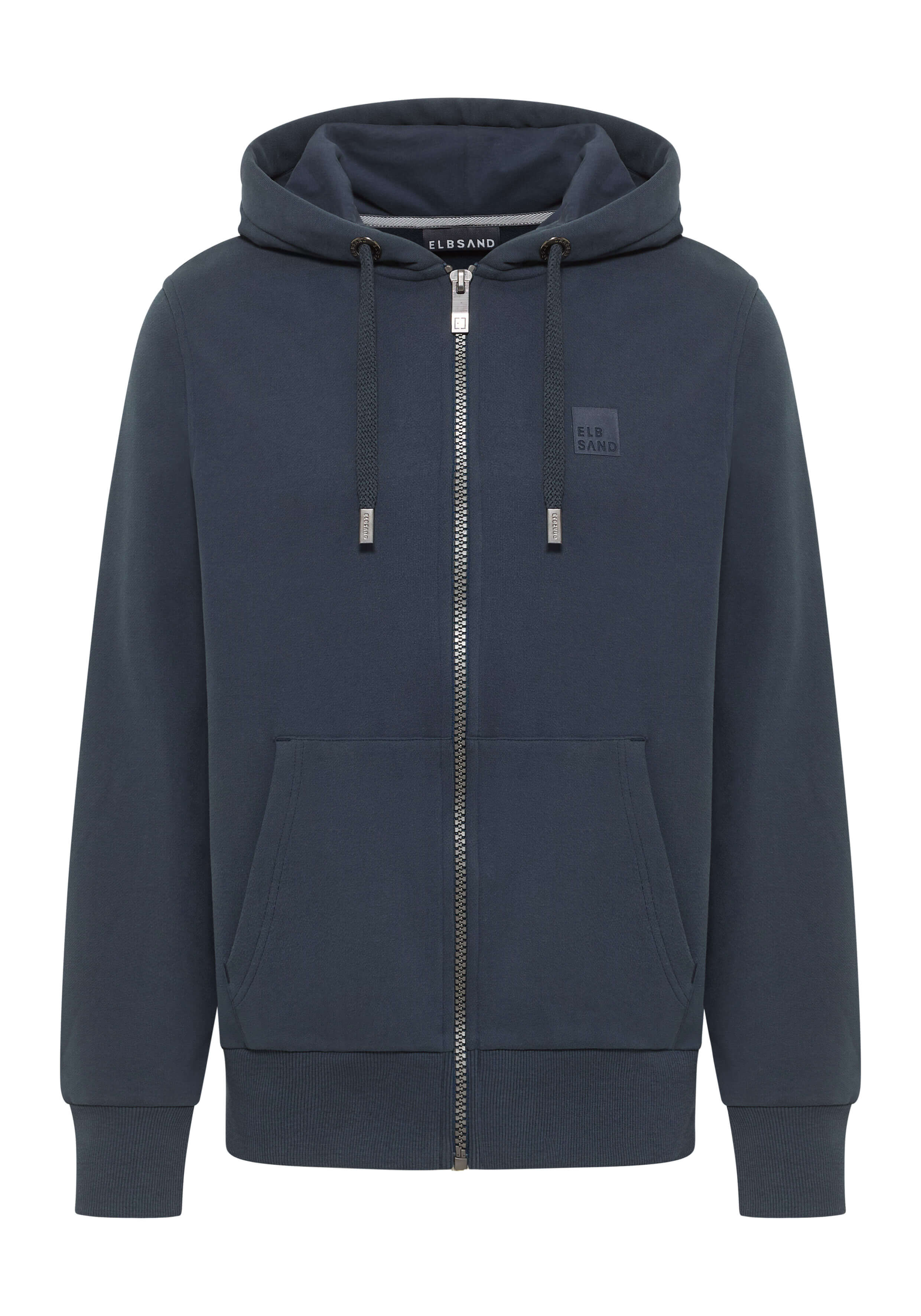 Dunkelblauer ELBSAND-Kapuzenpullover mit Reißverschluss für gemütliche Freizeitkleidung mit Kapuze und Vordertaschen.