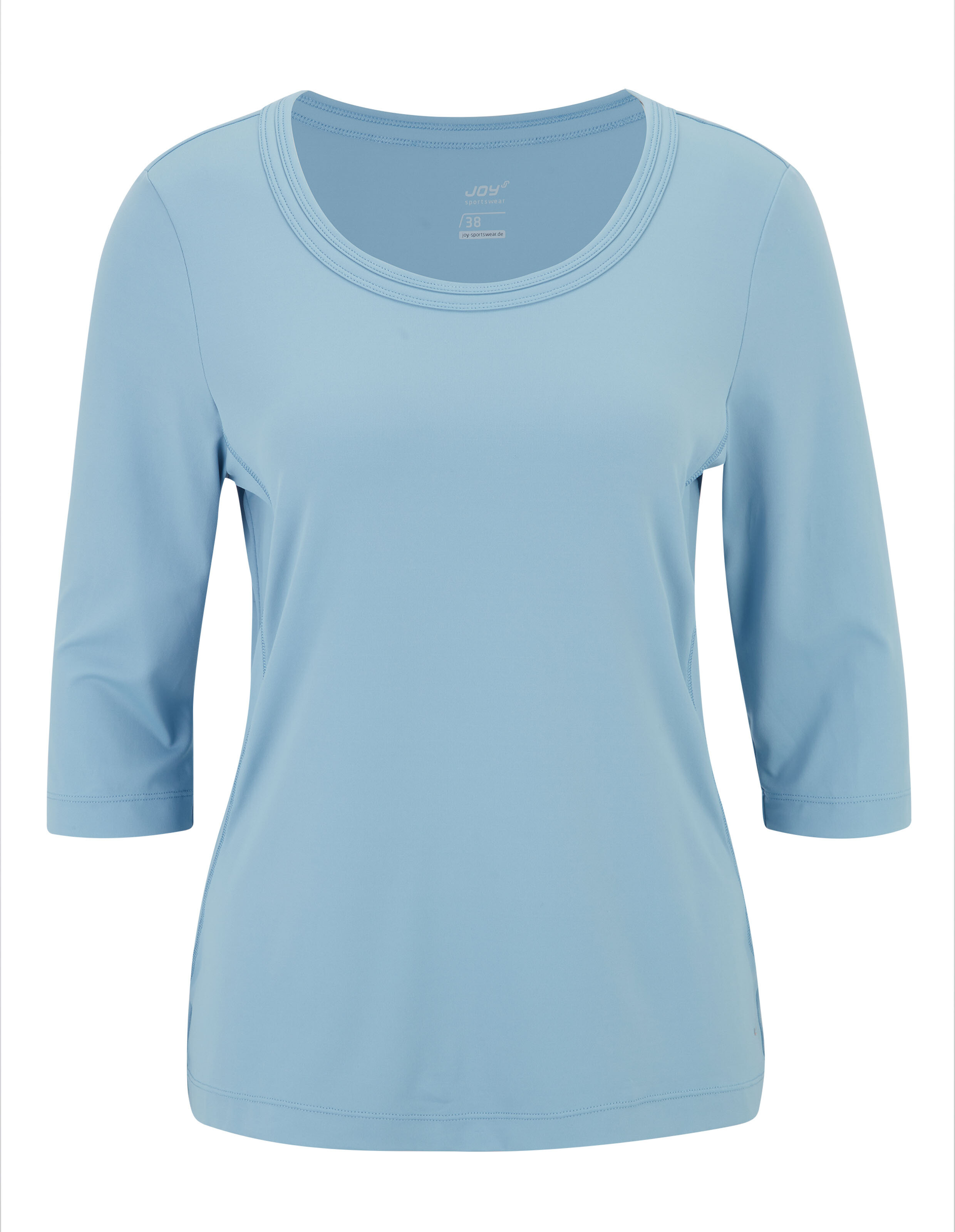 Hellblaues Shirt mit dreiviertellangen Ärmeln und rundem Halsausschnitt, schlichtes Design ohne Muster, für Damen.