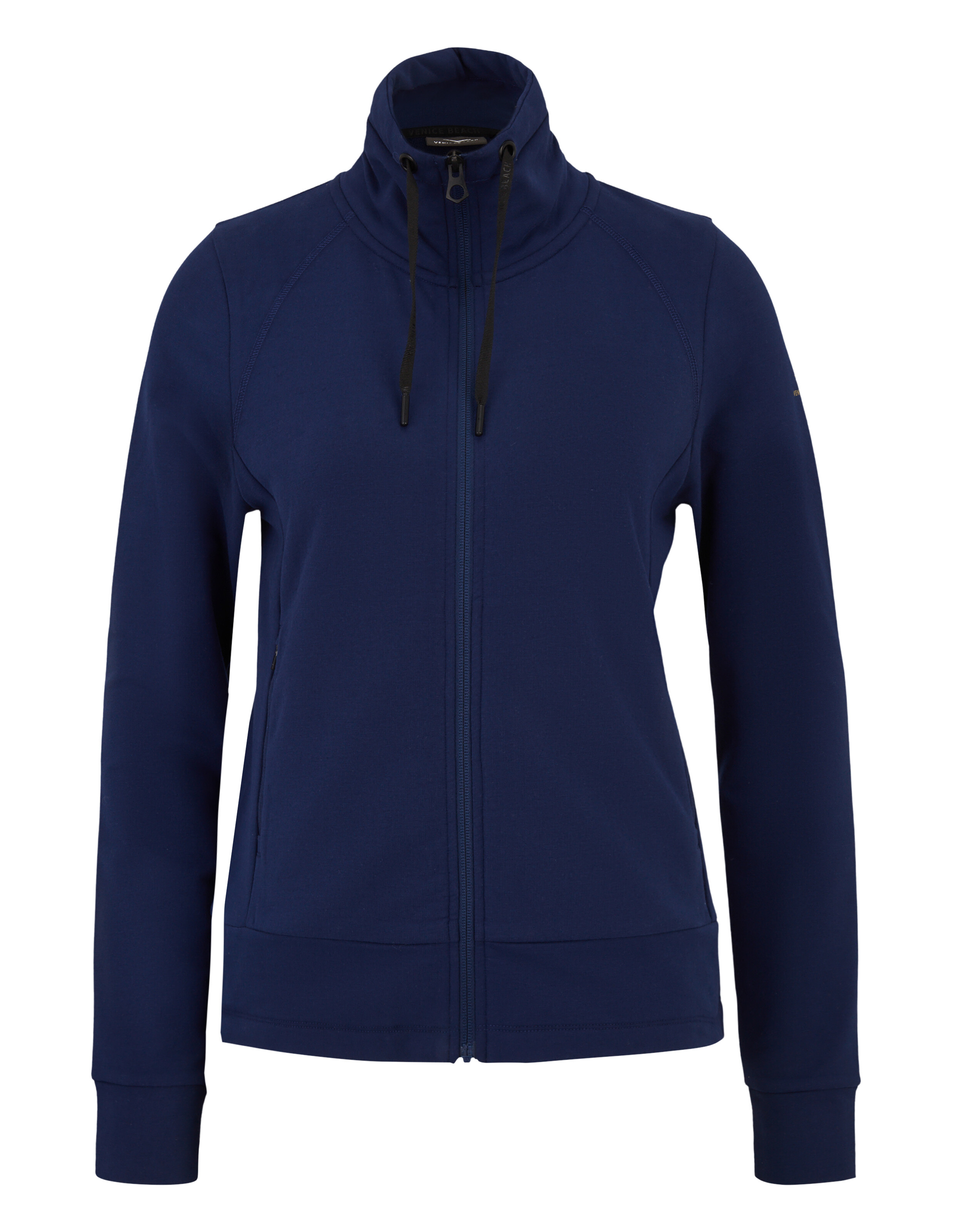 Marineblaues, lässiges Sweatshirt mit Reißverschluss, hohem Kragen und Kordelzug zum Entspannen.