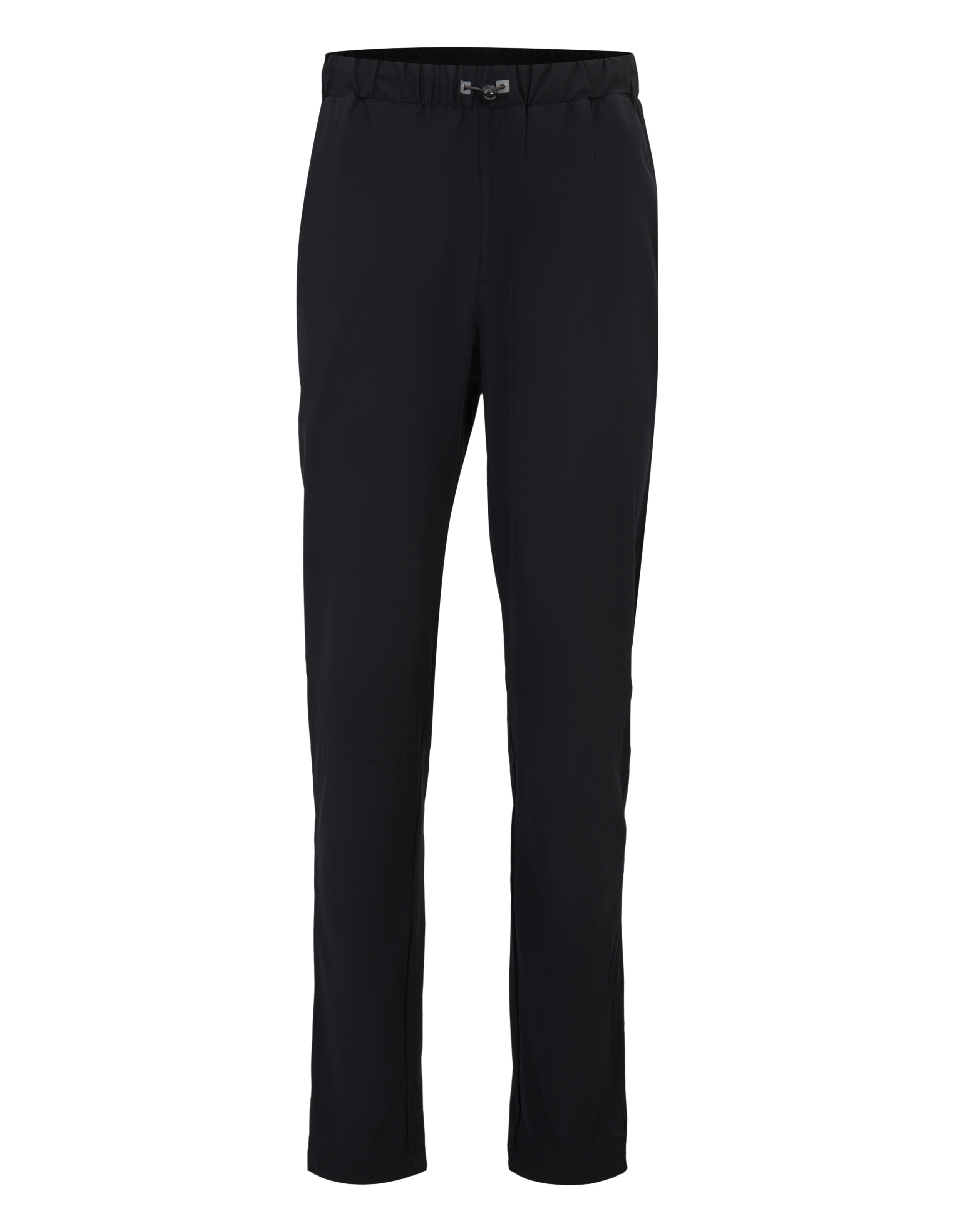 Schwarze, gerade geschnittene Hose mit elastischem Bund und Kordelzug an der Taille, minimalistisches Design, ohne sichtbare Details.