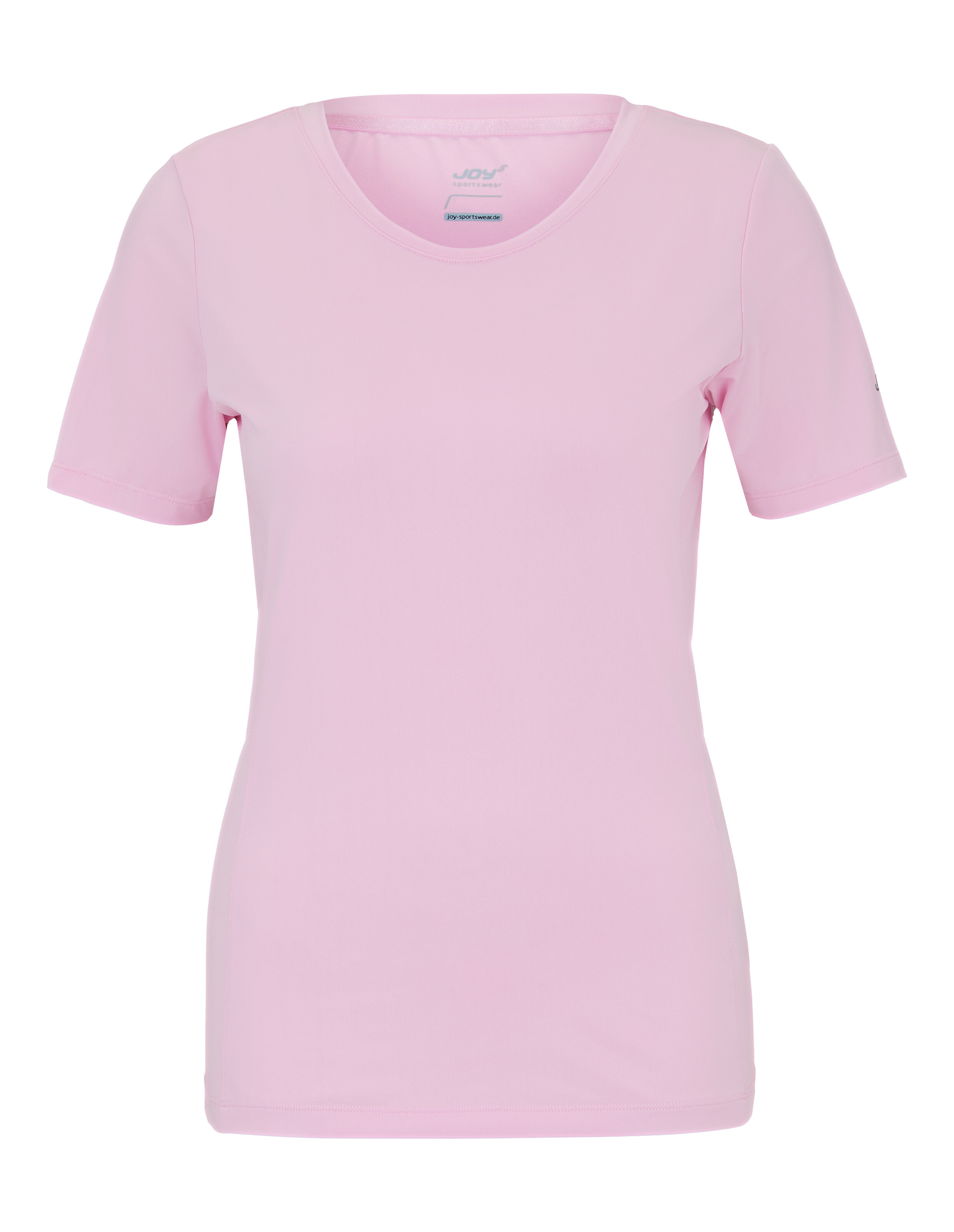 Ein zartrosa Damen T-Shirt mit V-Ausschnitt und kurzen Ärmeln.