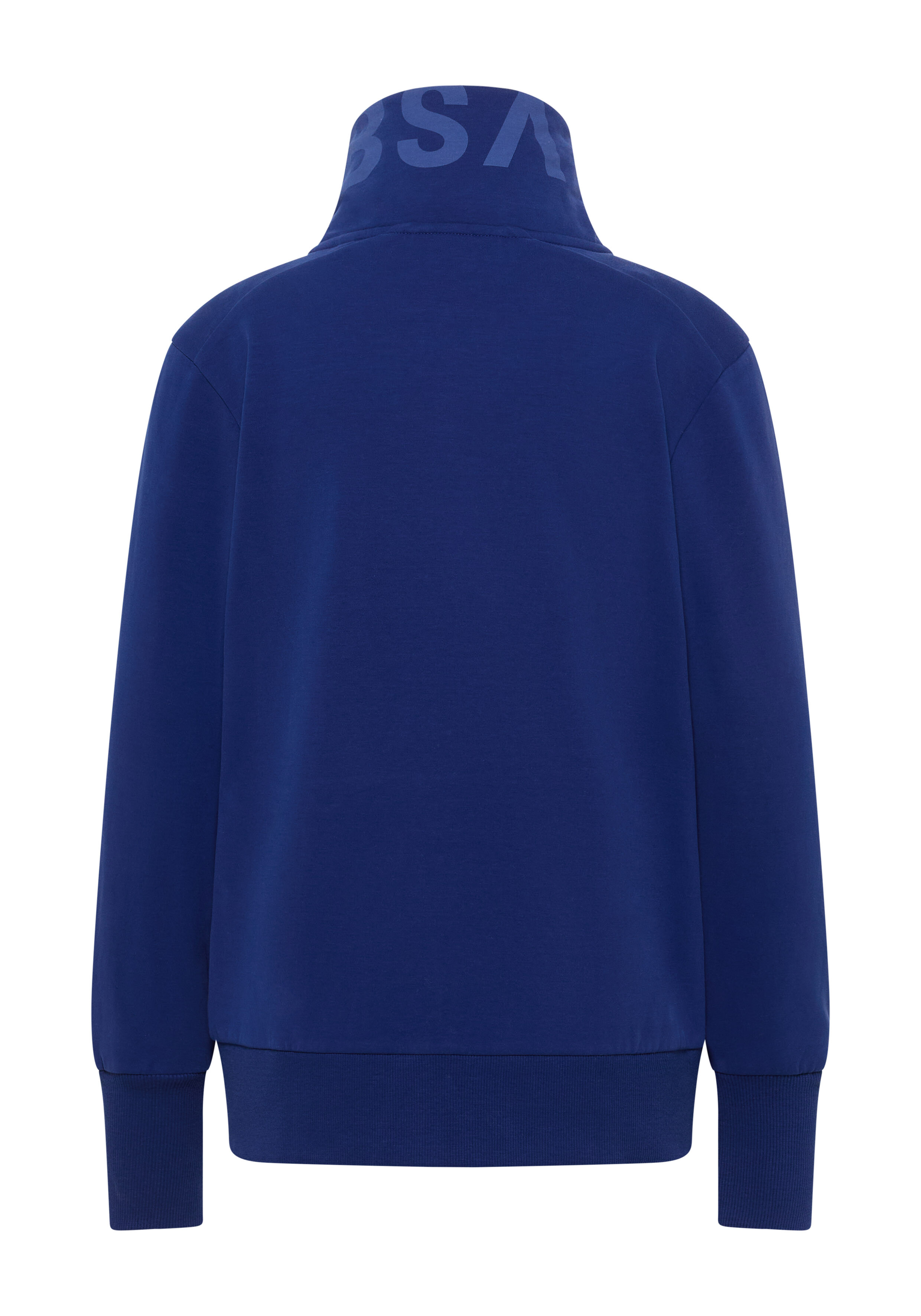 Rückansicht eines gemütlichen königsblauen ELBSAND-Sweatshirts mit hohem Kragen und Rippbündchen.
