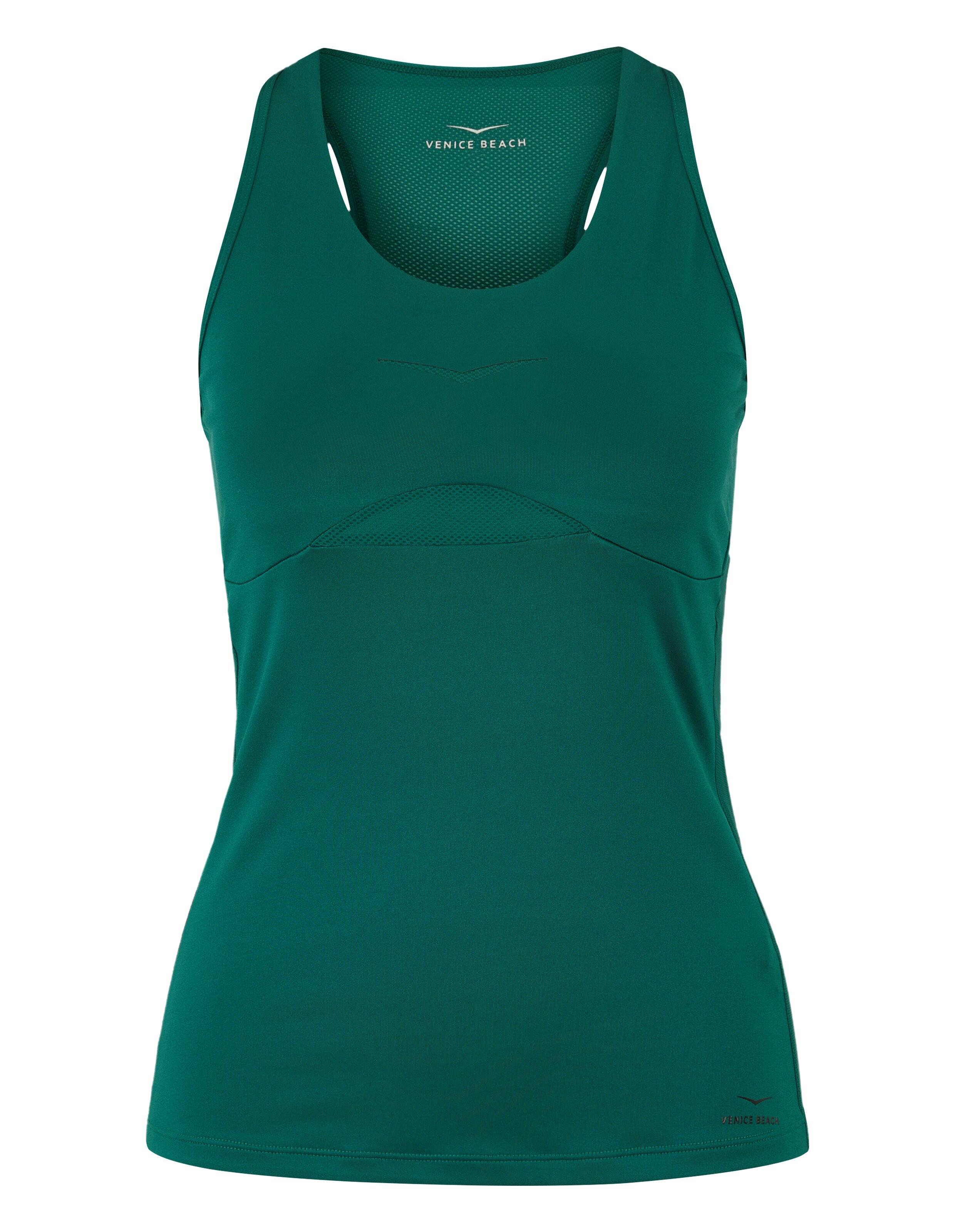 Blaugrünes Damen-Tanktop mit Mesh-Details, perfekt für Freizeitkleidung oder Workouts.