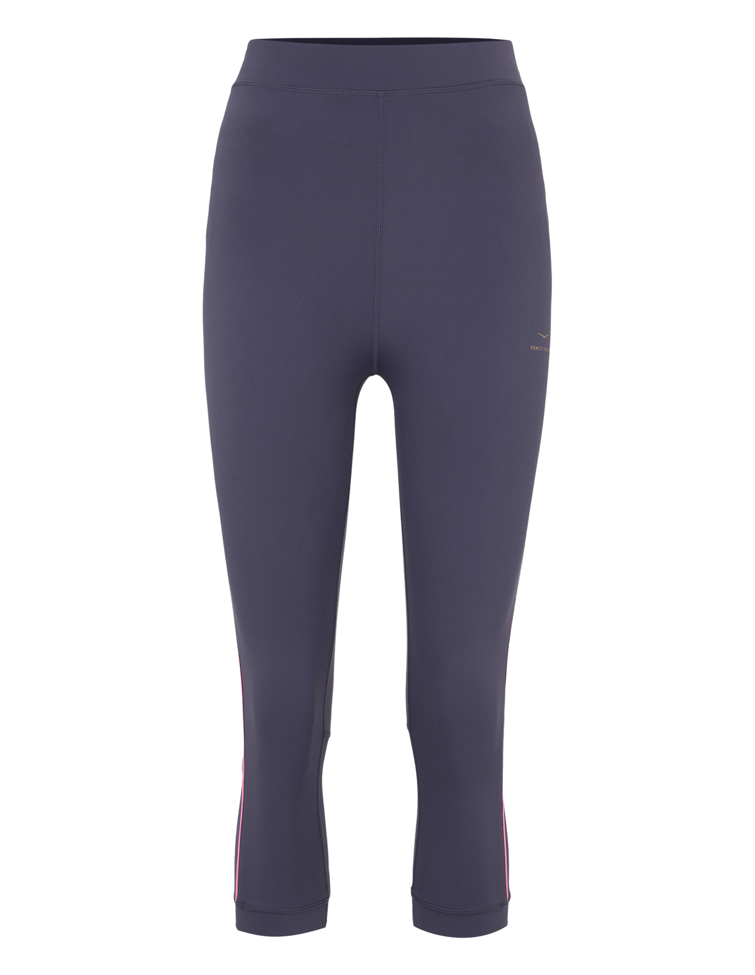 Dunkelgraue, kurze Leggings mit rosa Seitenstreifen für lässige Lounge- oder Aktivkleidung.