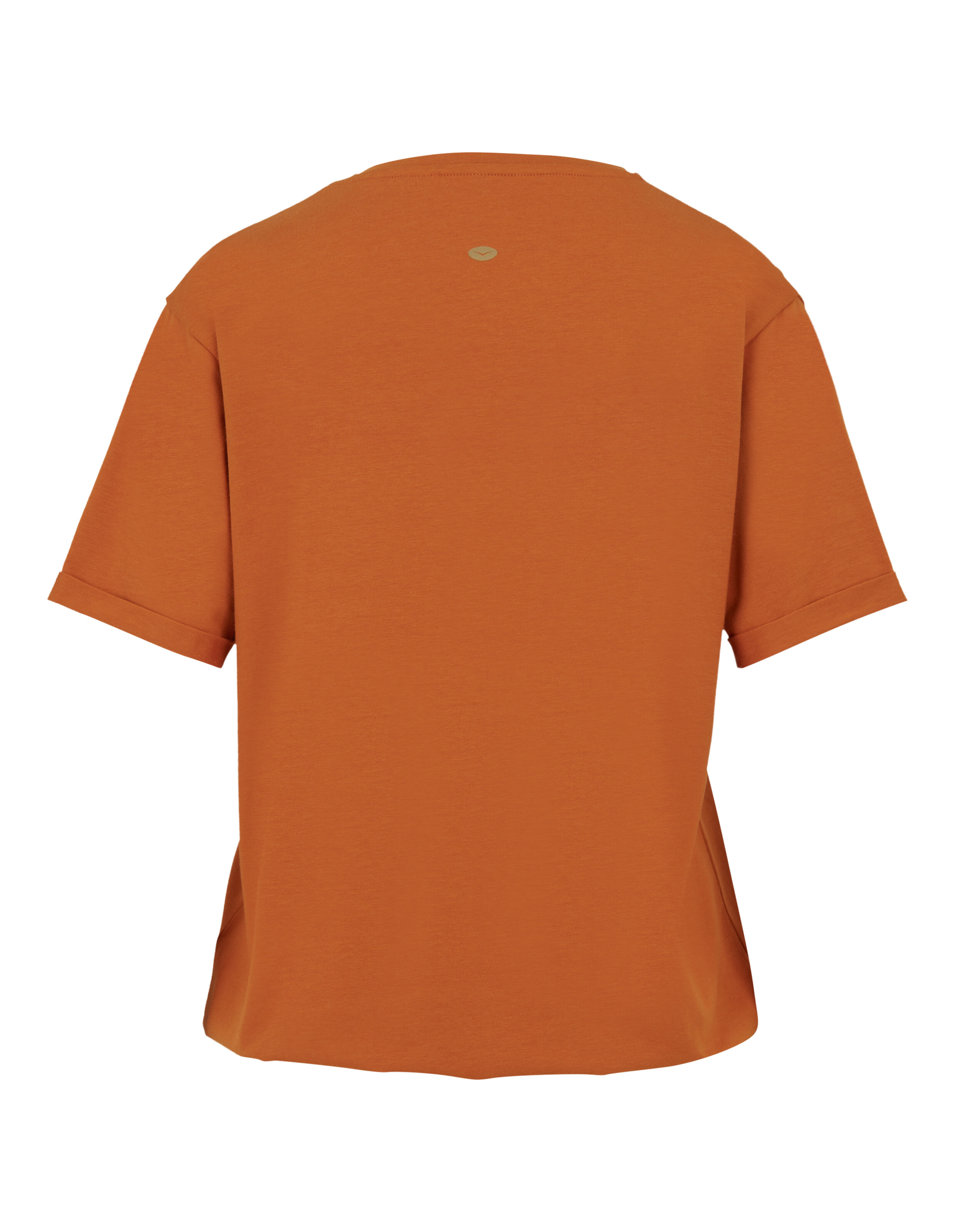 Rückansicht eines gemütlichen orangefarbenen Freizeit-T-Shirts mit kurzen Ärmeln.