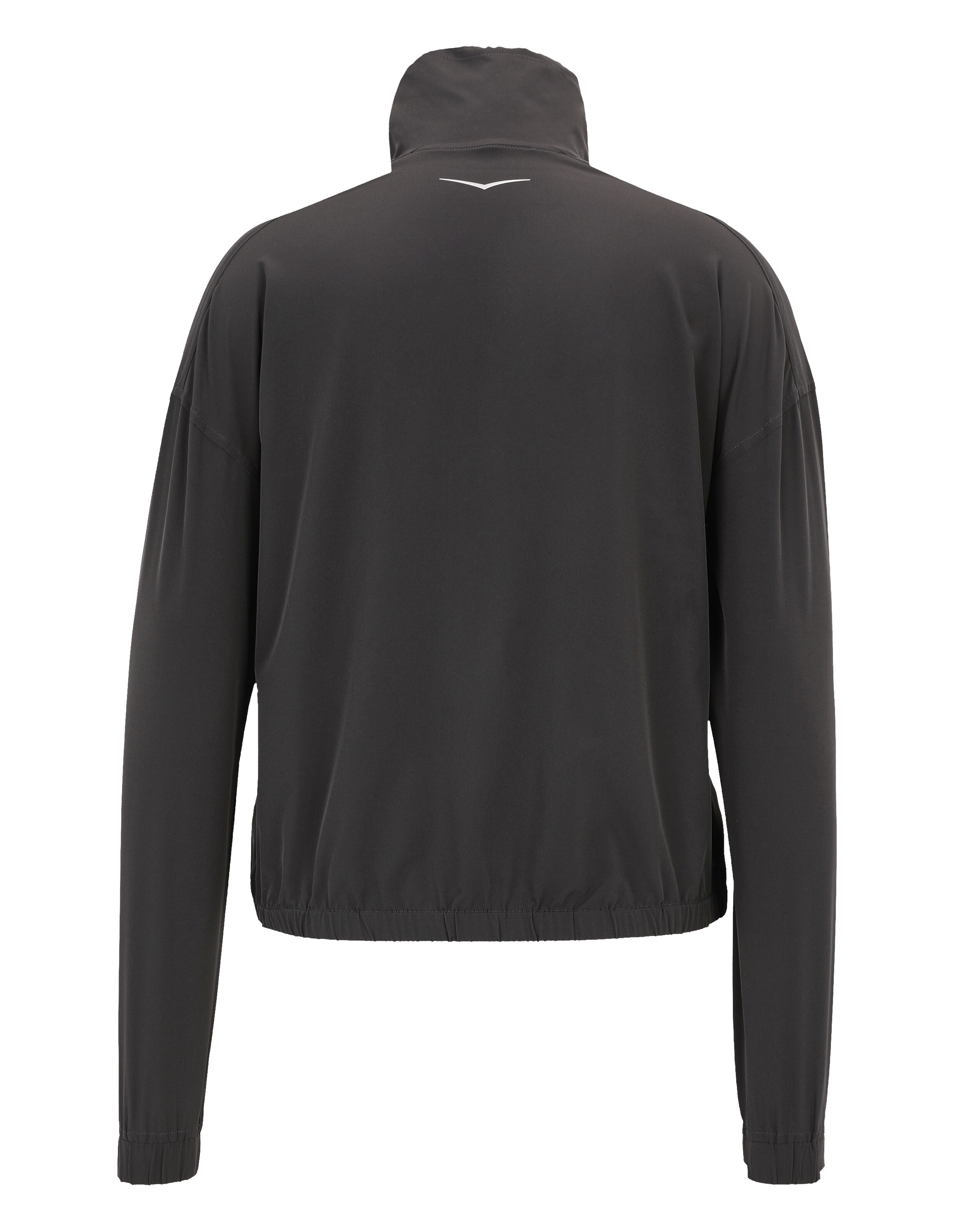Rückansicht eines dunkelgrauen, lässigen Langarm-Tops mit hohem Kragen und elastischem Saum.