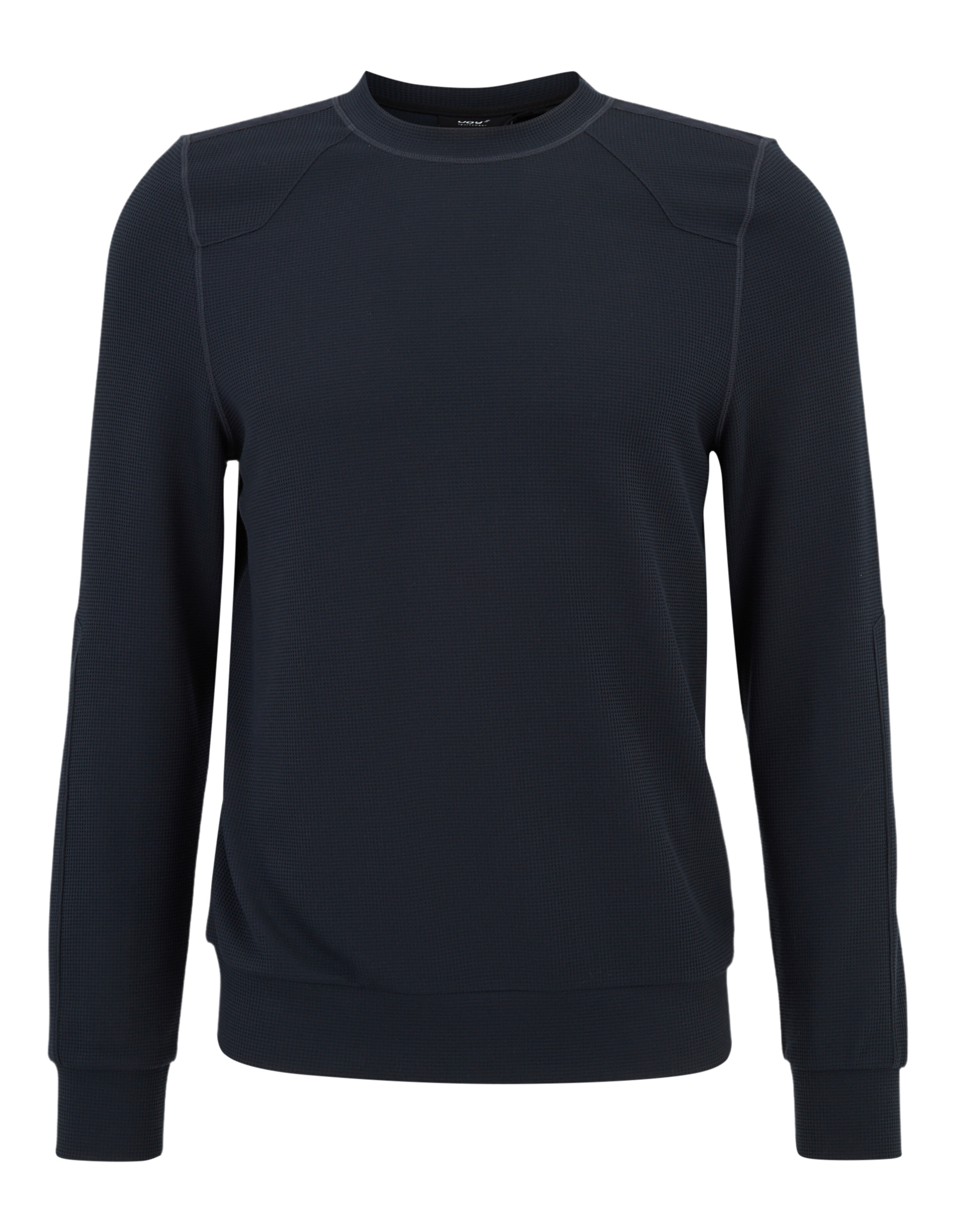 Dunkelblauer, strukturierter Waffelstrick-Langarmpullover für gemütliche Freizeitkleidung.