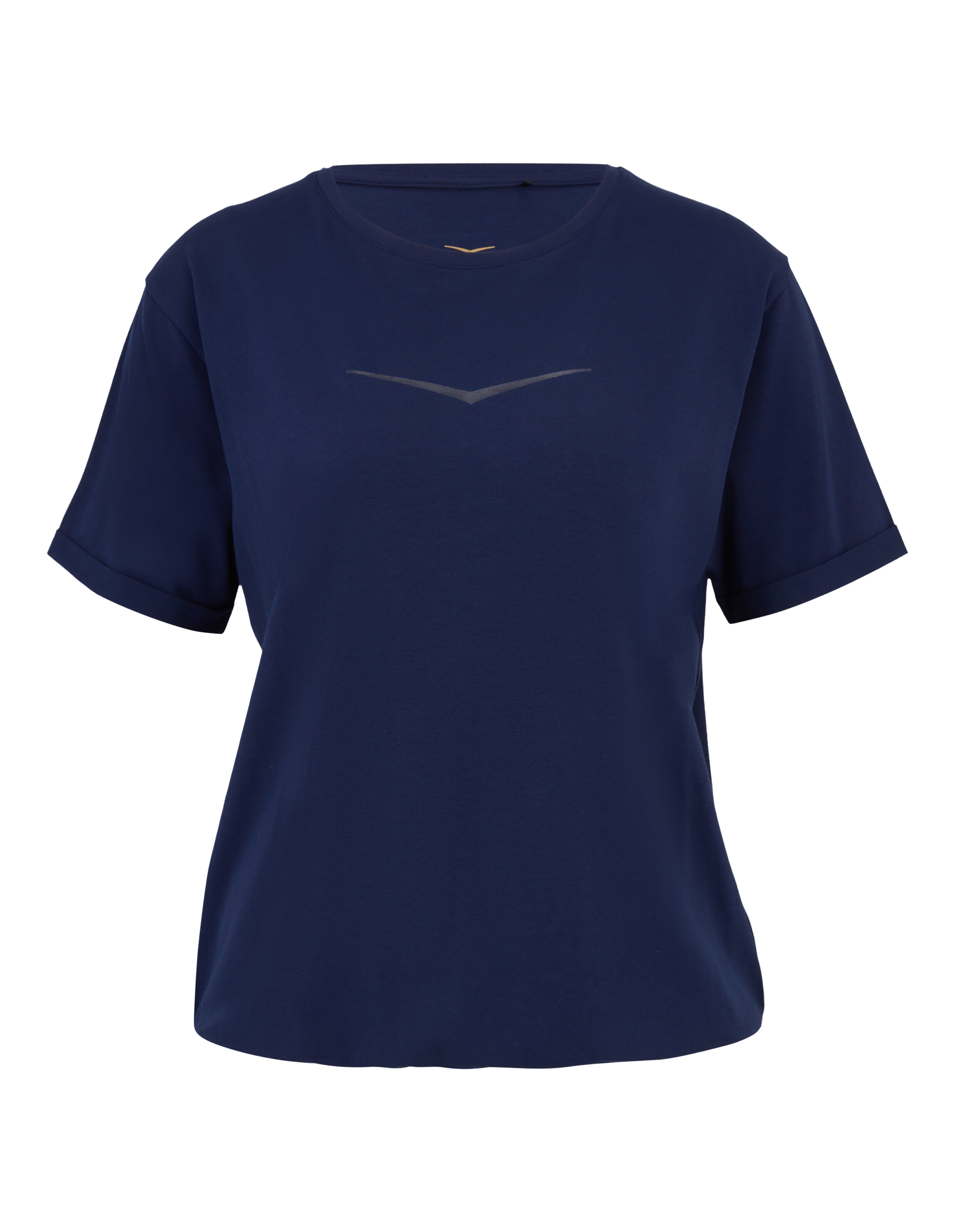 Marineblaues, lässiges T-Shirt mit aufgerollten Ärmeln und dezentem Logo-Detail.