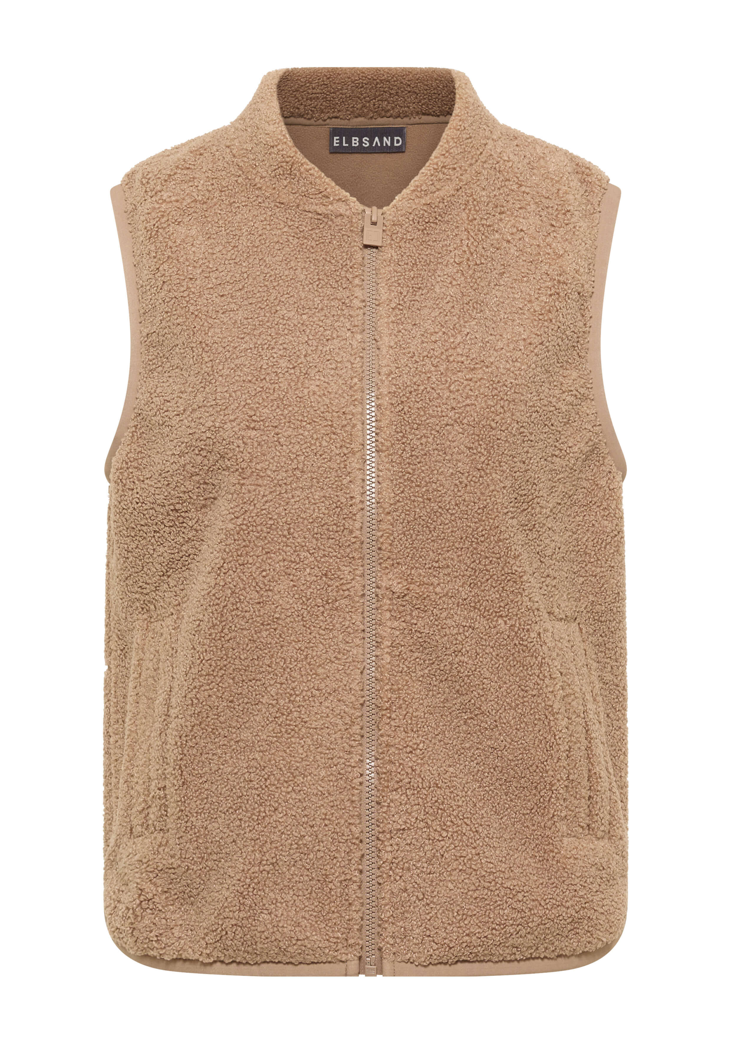Kuschelige beige Fleeceweste mit Reißverschluss vorne und Seitentaschen für Freizeitkleidung.