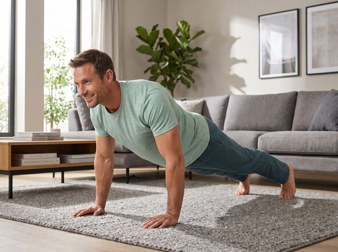 Mann macht Liegestütze in einem gemütlichen Wohnzimmer, trägt ein hellgrünes T-Shirt und eine dunkle Hose.