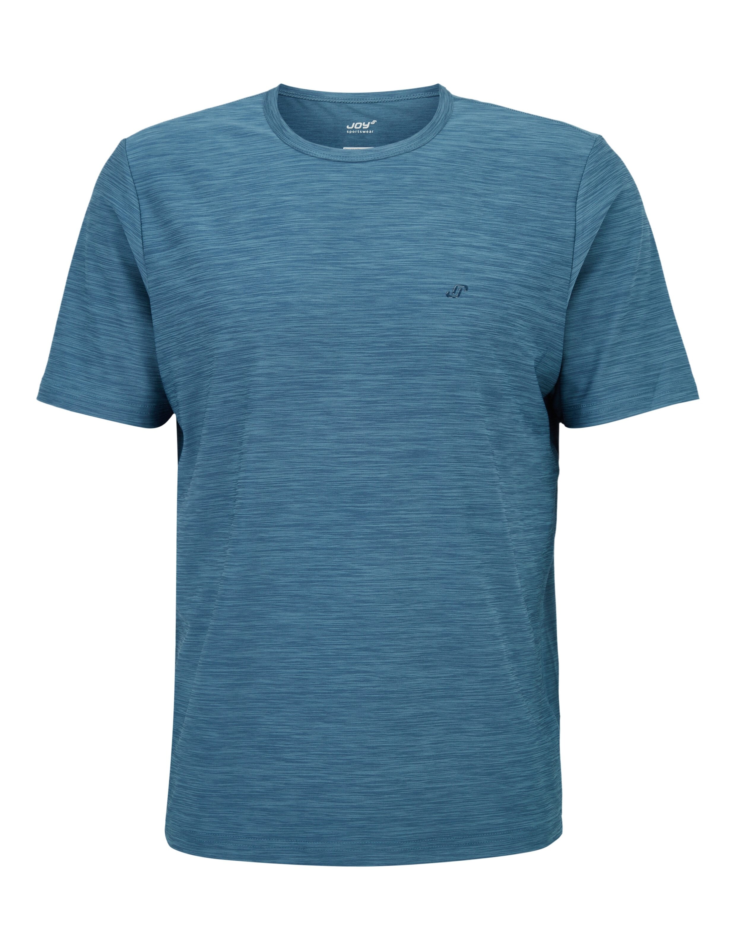 Blaues T-Shirt mit feiner, horizontaler Musterung und kleinem Logo auf der Brust, schlichte und bequeme Passform.