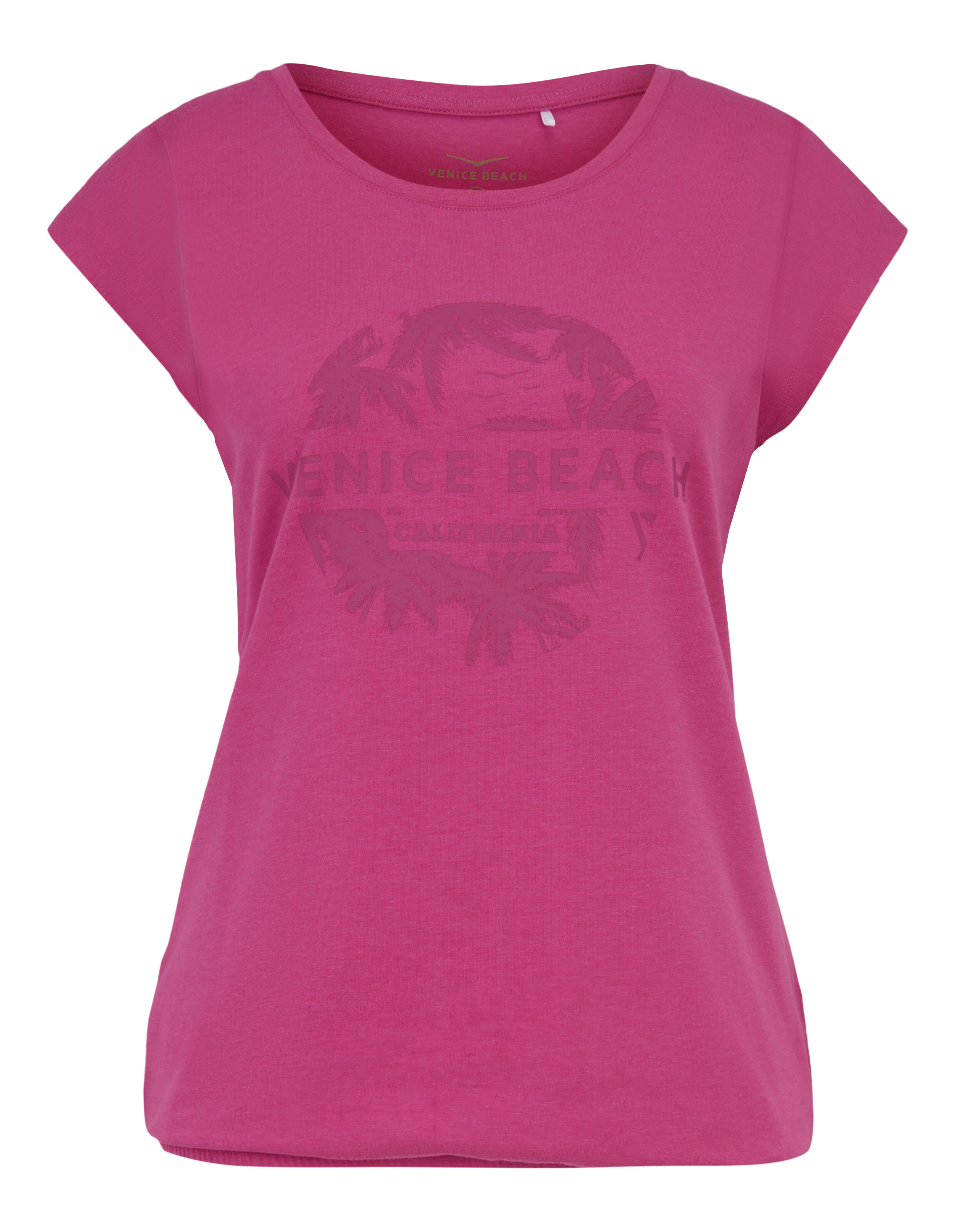 Rosafarbenes Venice Beach-Freizeit-T-Shirt mit Palmen-Grafikdruck für Damen.