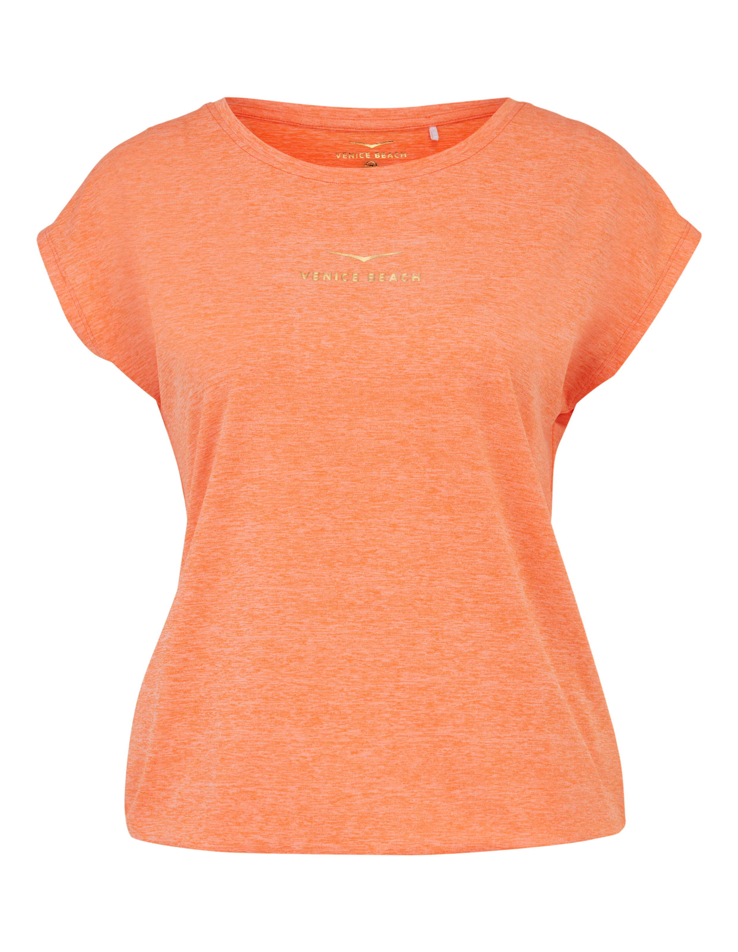 Lässiges orangefarbenes T-Shirt mit aufgerollten Ärmeln und „Venice Beach“-Aufdruck.
