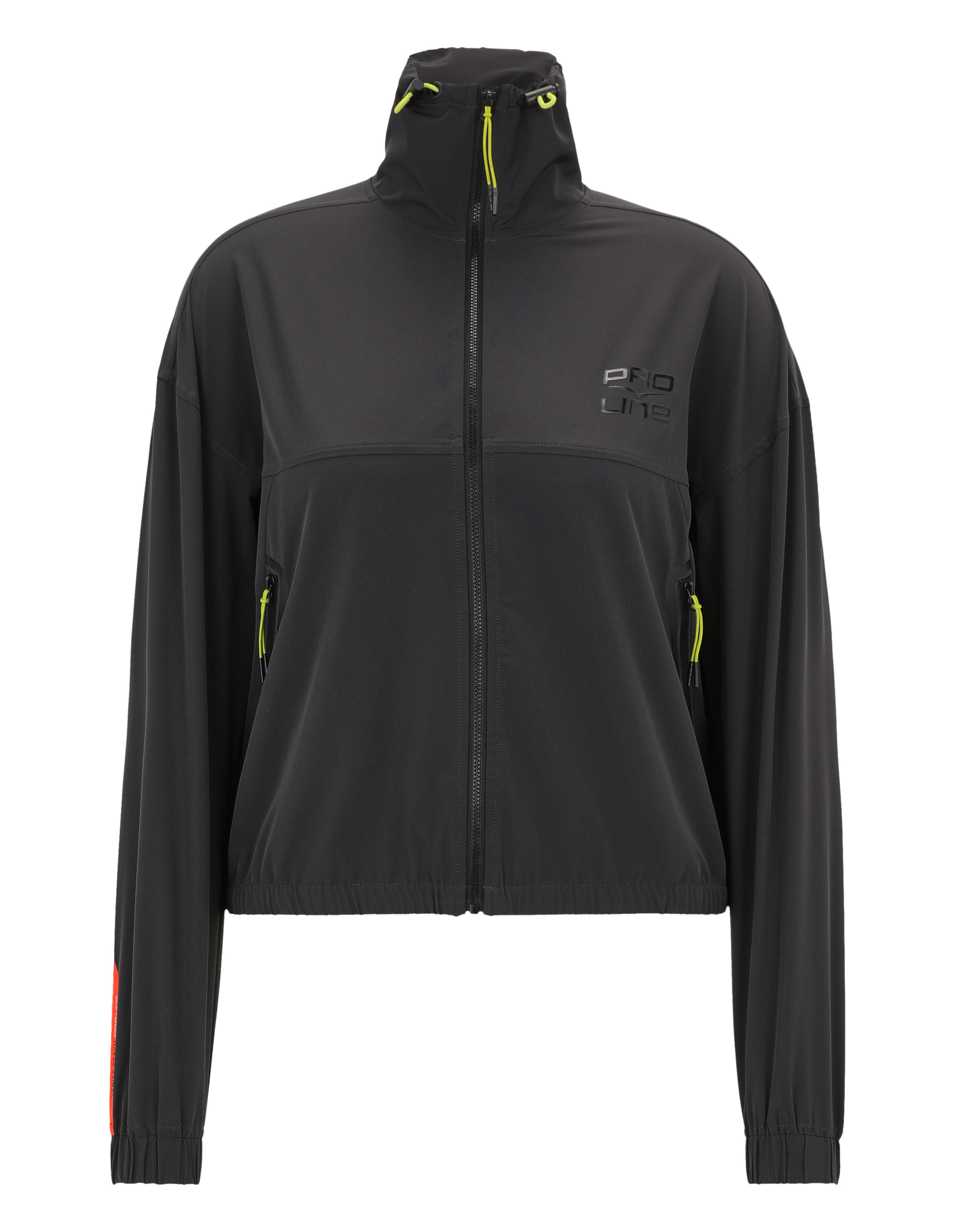 Schwarze Freizeitjacke mit Reißverschluss, hohem Kragen, Neonakzenten und Pro Line-Branding.