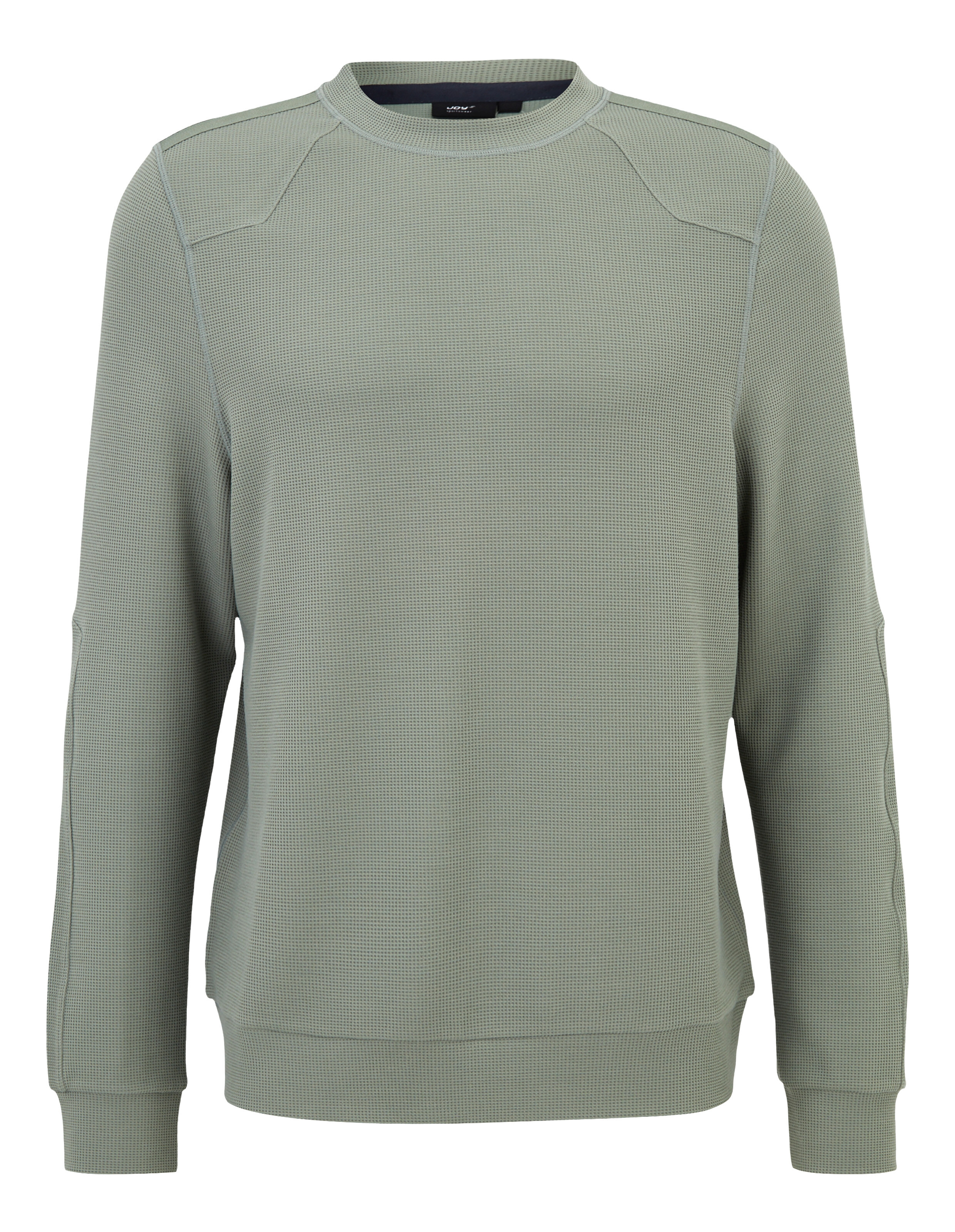 Grauer Pullover mit Rundhalsausschnitt und langen Ärmeln, gefertigt aus strukturiertem Stoff mit dezentem, geometrischem Muster.