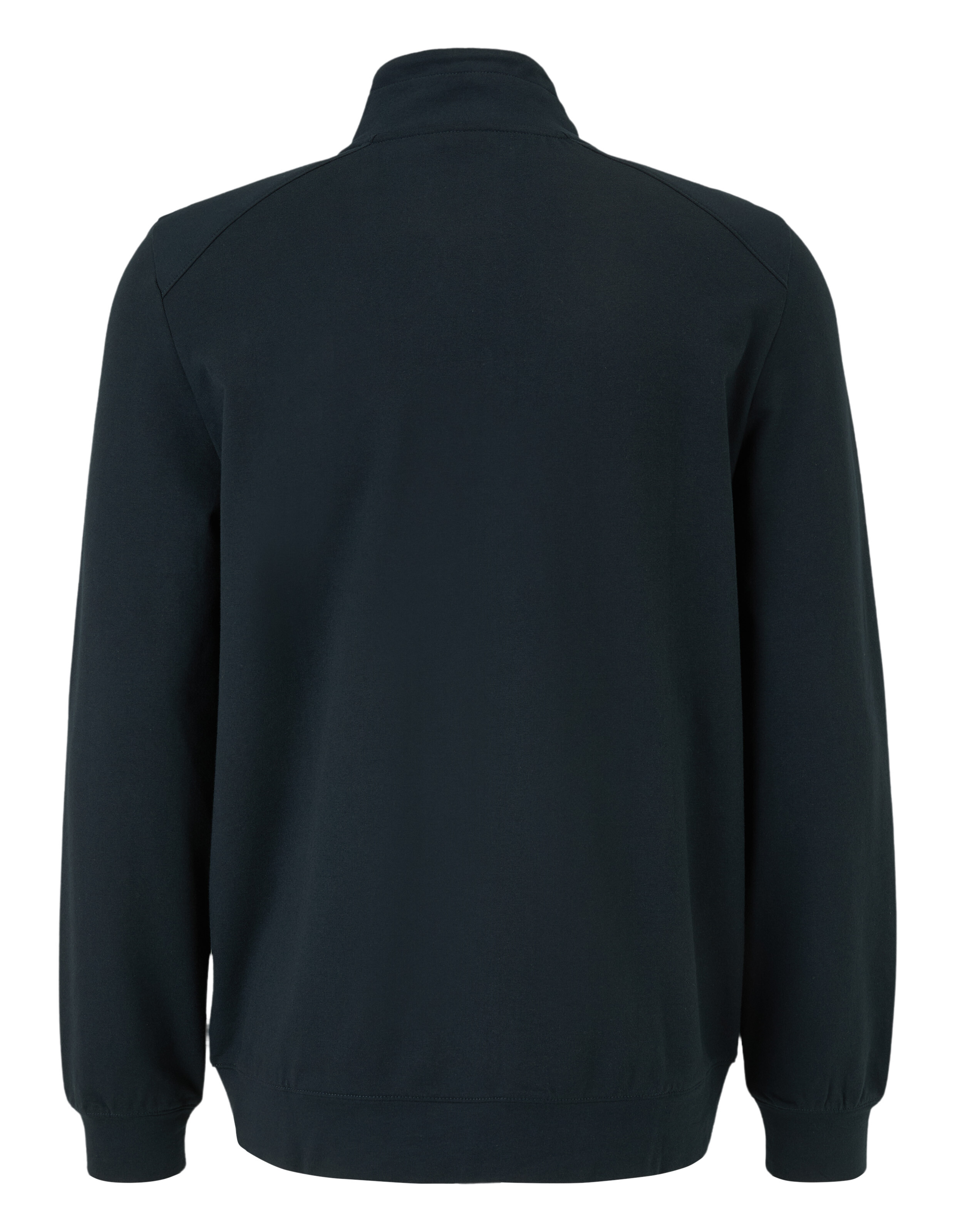 Rückansicht eines dunkelblauen Freizeit-Sweatshirts mit hohem Kragen und gerippten Bündchen.