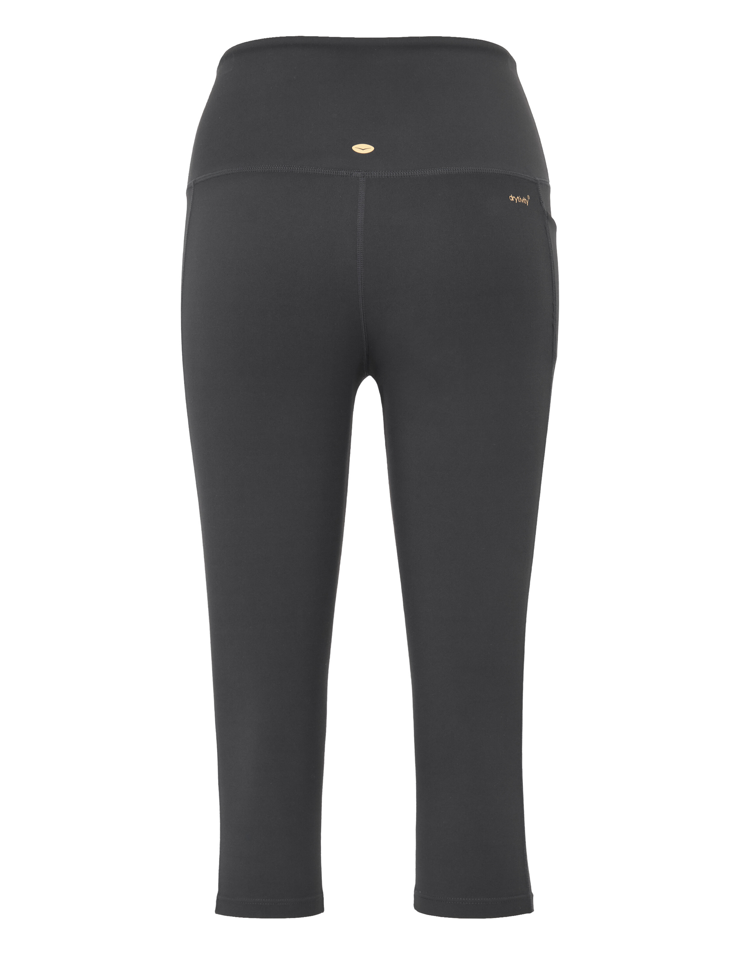 Rückansicht einer dunkelgrauen Capri-Leggings mit hoher Taille für bequeme Freizeitkleidung.