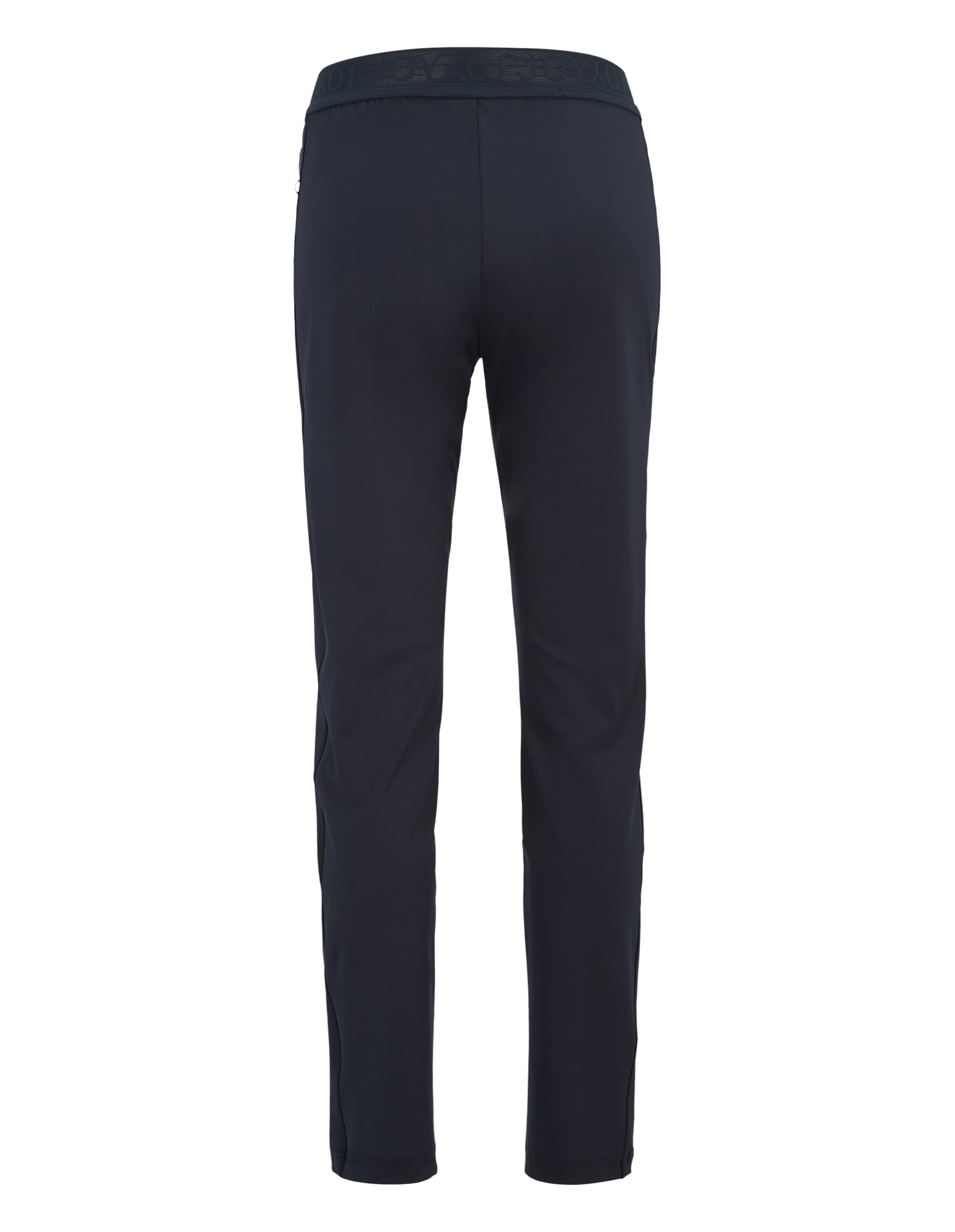 Rückansicht der marineblauen ELBSAND Freizeit-Loungehose mit elastischem Logobund.