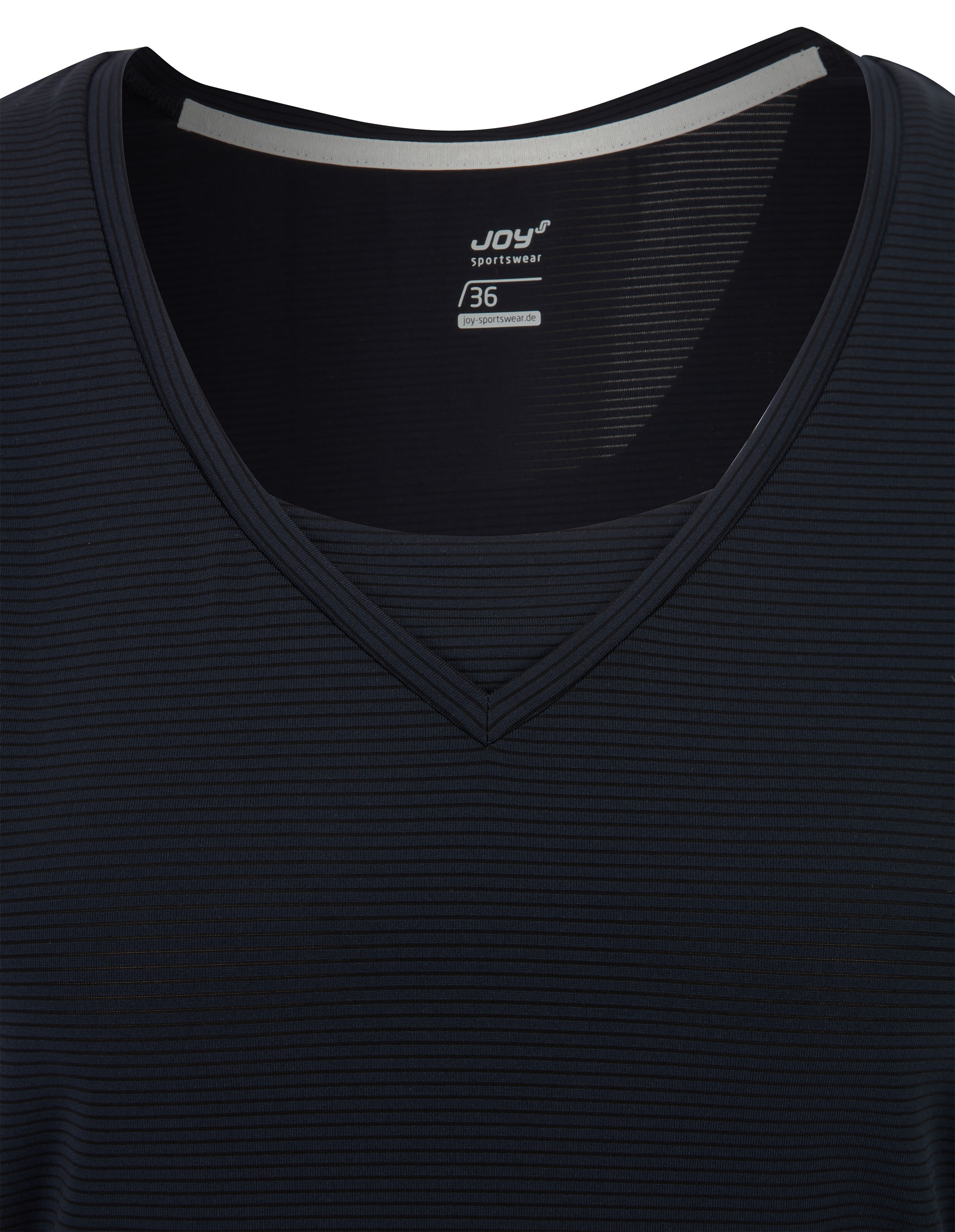 Dunkelblaues Sportshirt mit V-Ausschnitt und feiner Streifenstruktur. Innenetikett zeigt Marke Joy Sportswear und Größe 36.