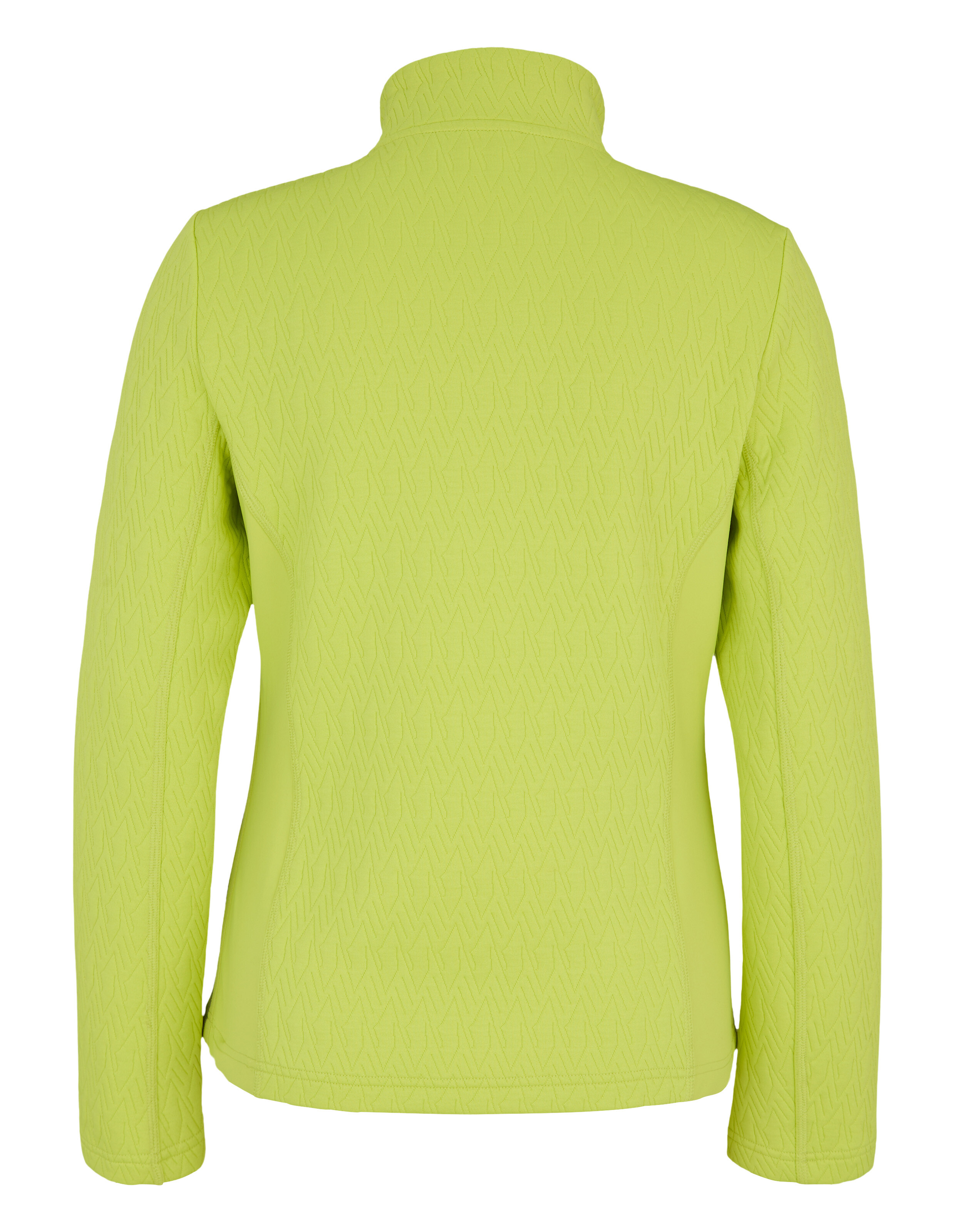 Eine leuchtend gelbgrüne Jacke mit einem Zickzack-Muster und hohem Kragen.
