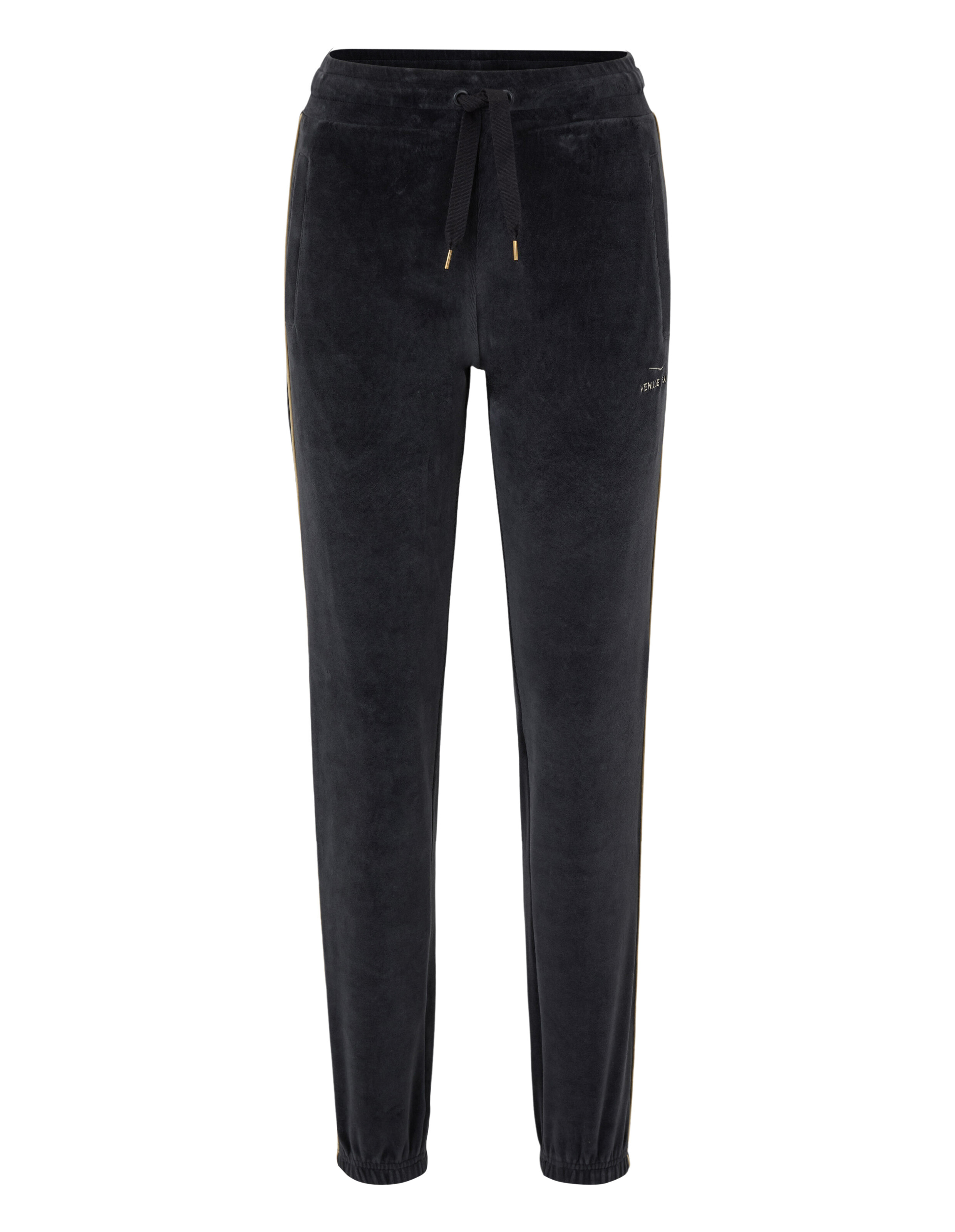 Schwarze Velours-Jogginghose mit Kordelzug in der Taille und Seitenstreifen für lässige Lounge-Kleidung.