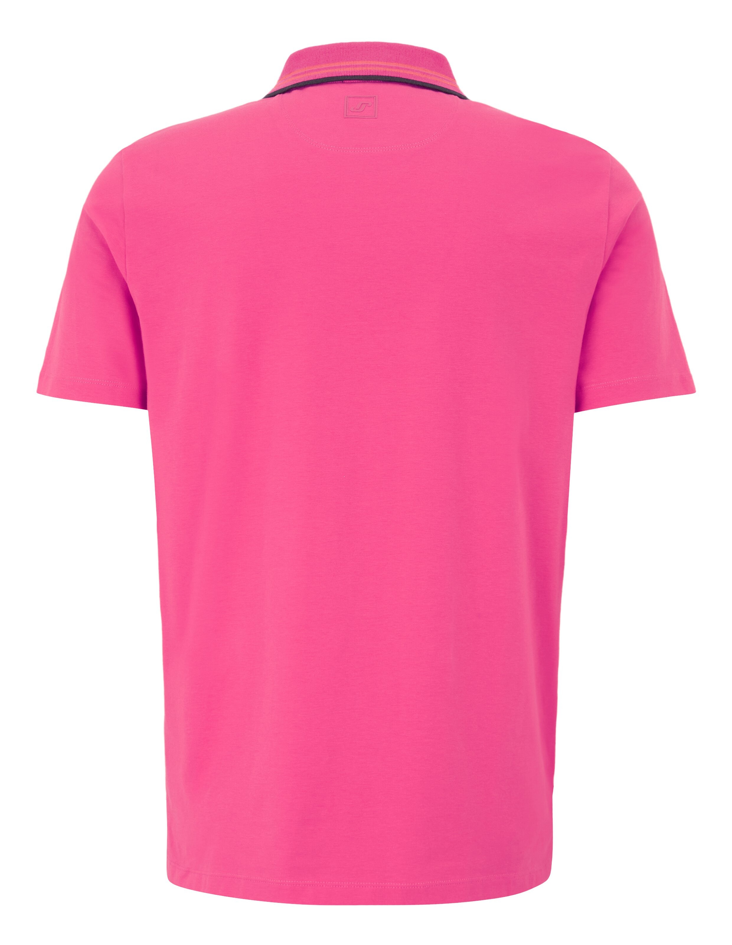 Pinkes Polohemd mit gestreiftem, zweifarbigem Kragen in Orange und Dunkelblau, drei Knöpfe und dezentes Logo auf der Brust.