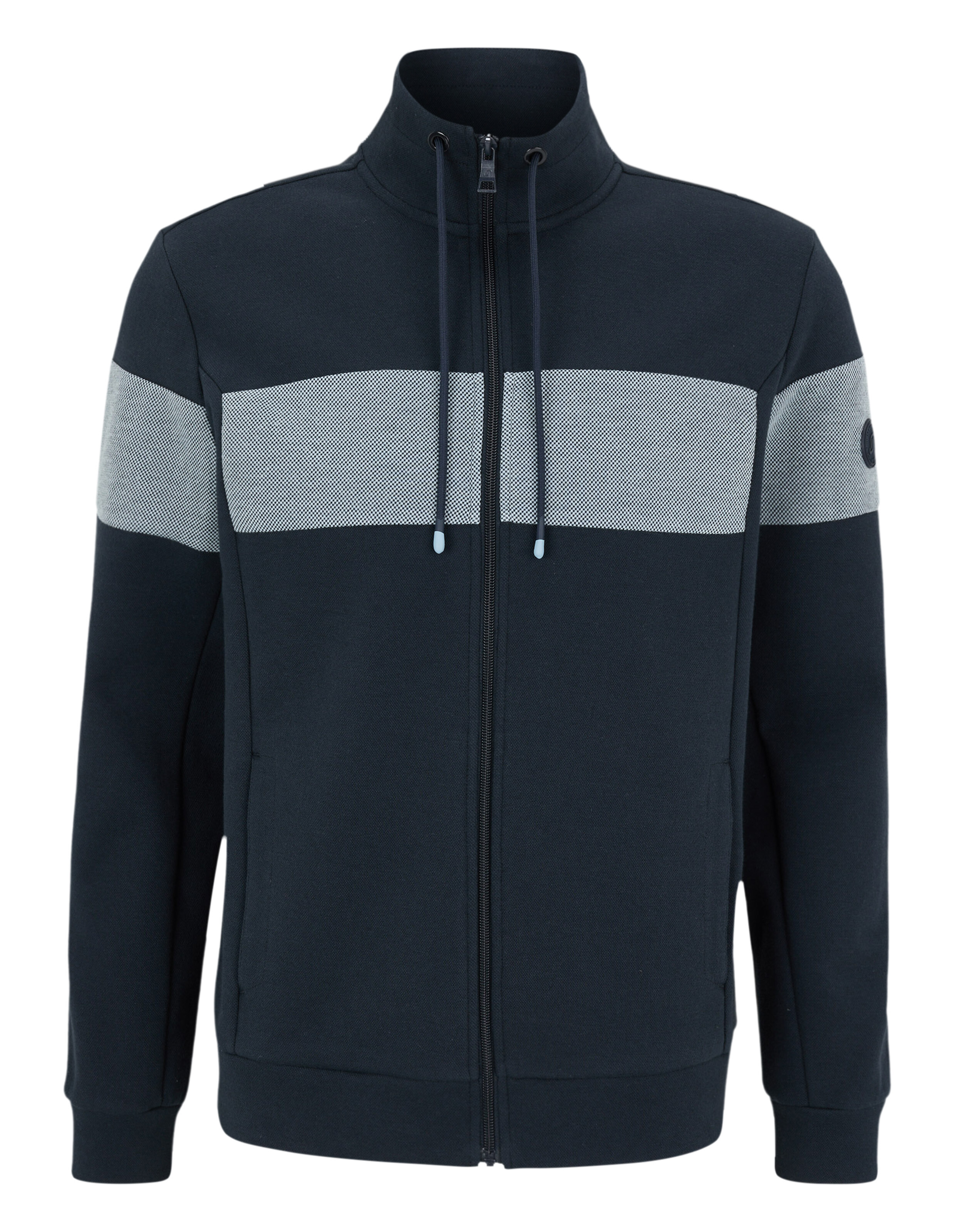 Marineblaue Jacke mit Reißverschluss und grauen Streifen, perfekt für Freizeitkleidung und zum Faulenzen.