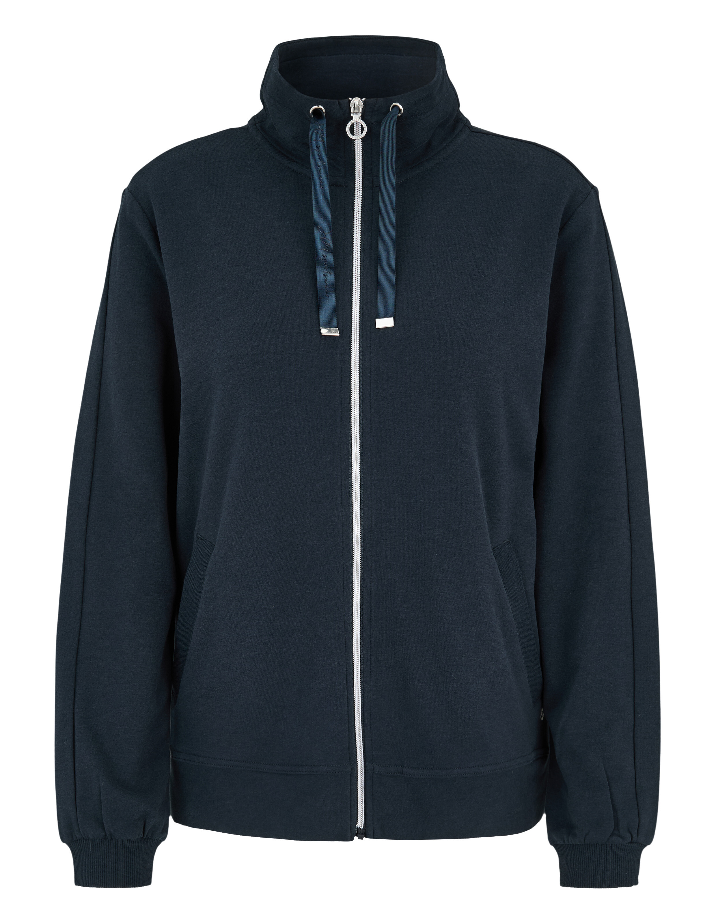 Marineblaue Jacke mit Reißverschluss, hohem Kragen und Kordelzug, perfekt für die Freizeit.