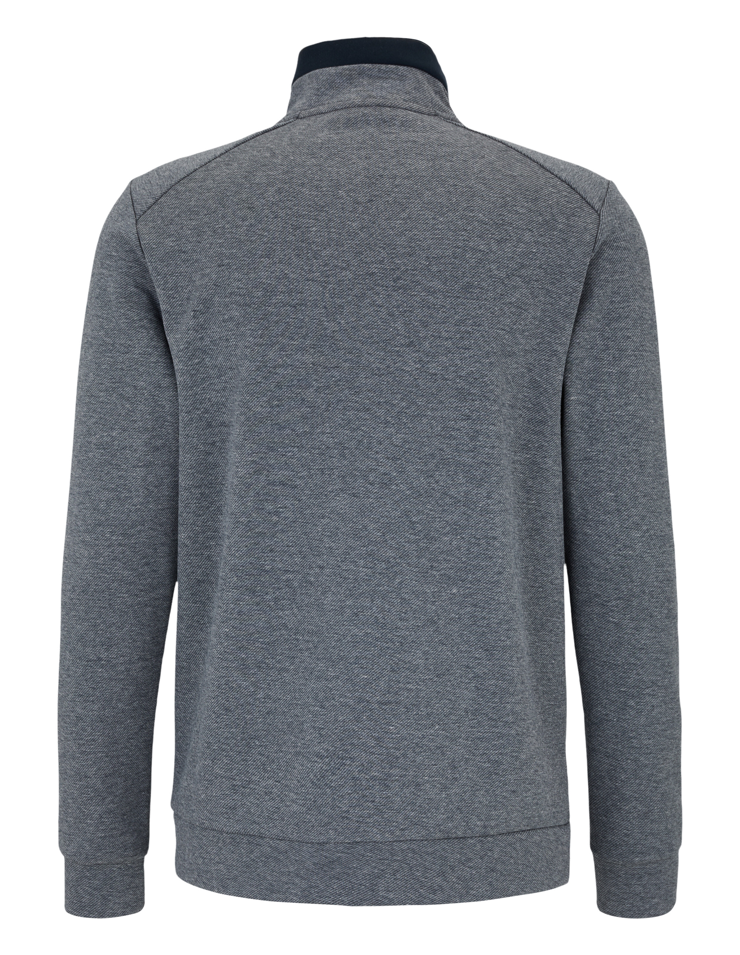 Rückansicht eines gemütlichen grauen Sweatshirts mit hohem Kragen und langen Ärmeln.