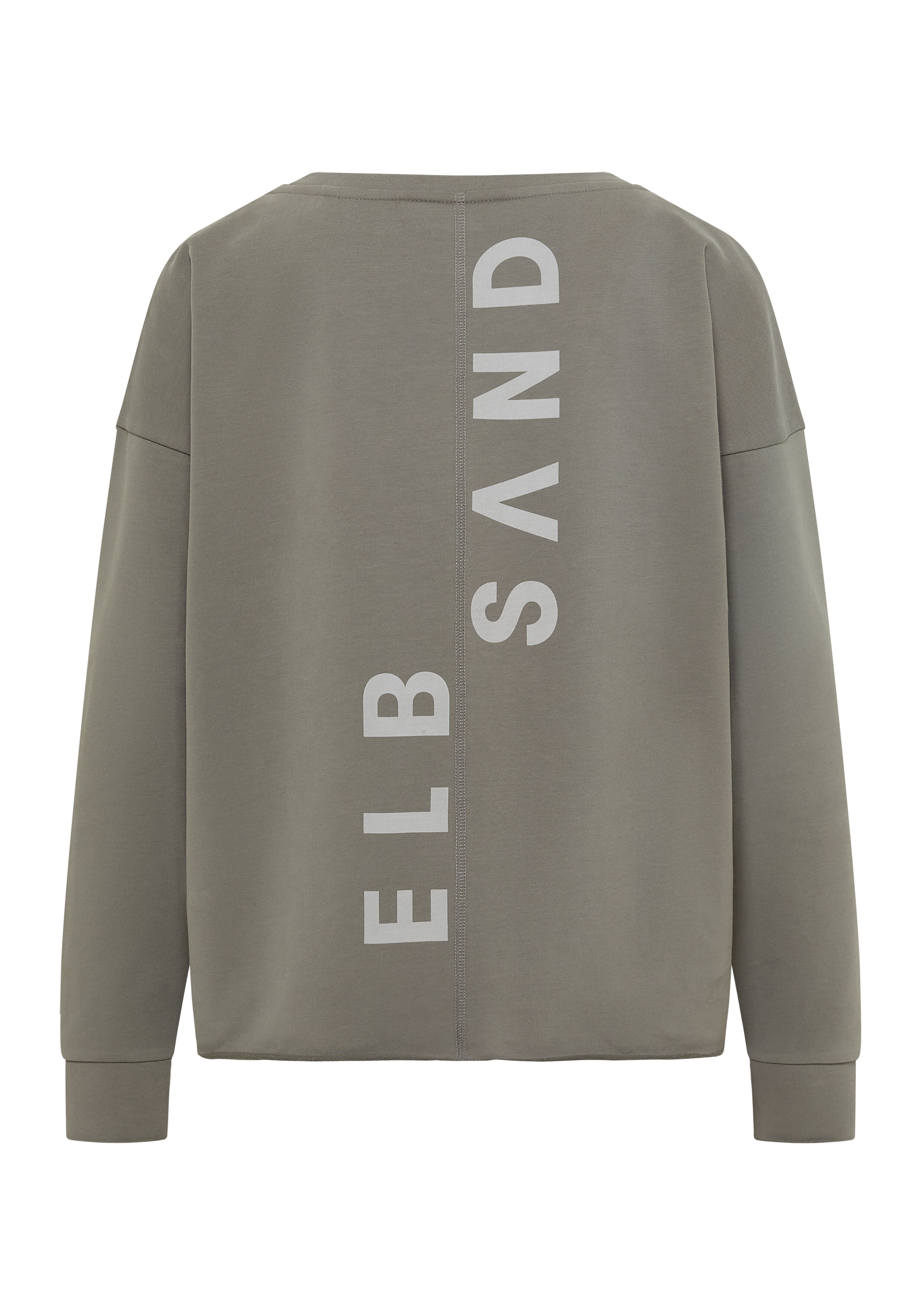 Lässiges ELBSAND-Sweatshirt in Taupe mit vertikalem Logo-Print auf der Rückseite.