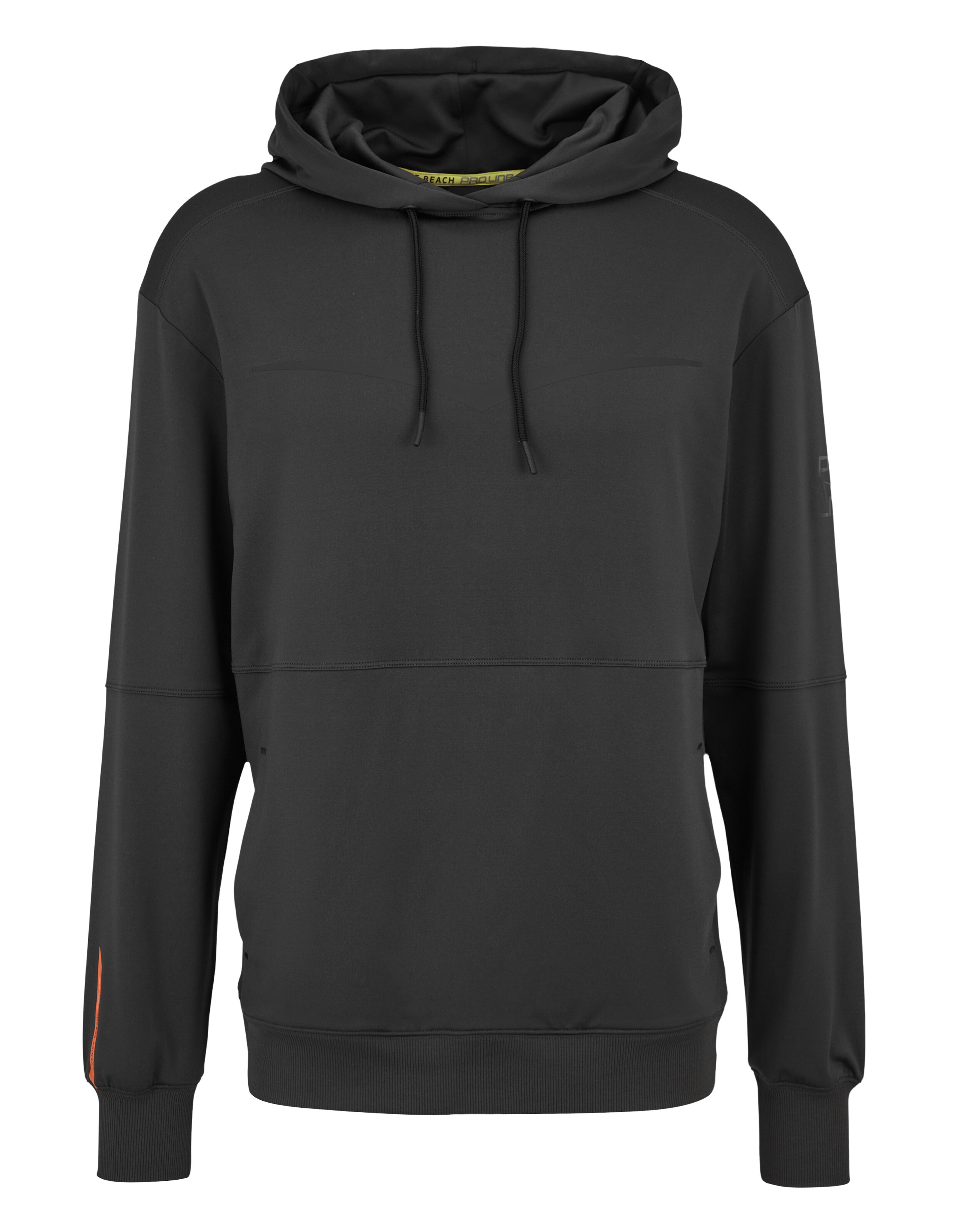 Schwarzer Herren-Kapuzenpullover mit verstellbarem Kordelzug und stylischem orangefarbenem Akzent.