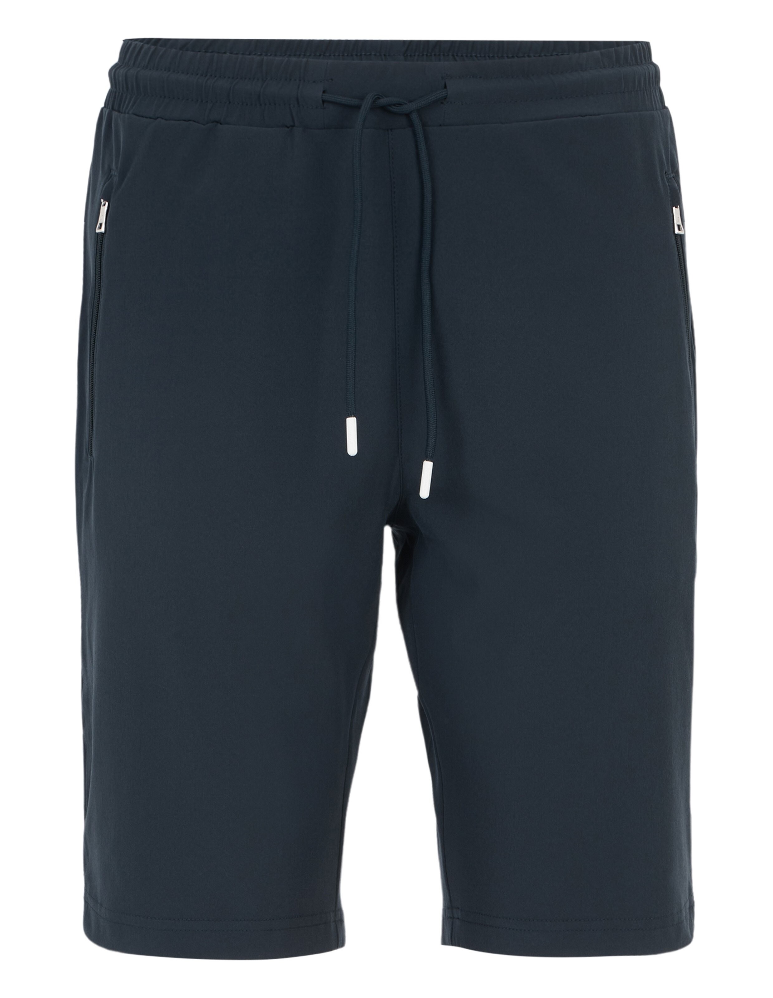 Dunkelblaue Herren-Trainingsshorts aus leichtem Stoff mit elastischem Bund, Kordelzug und seitlichen Reißverschlusstaschen.