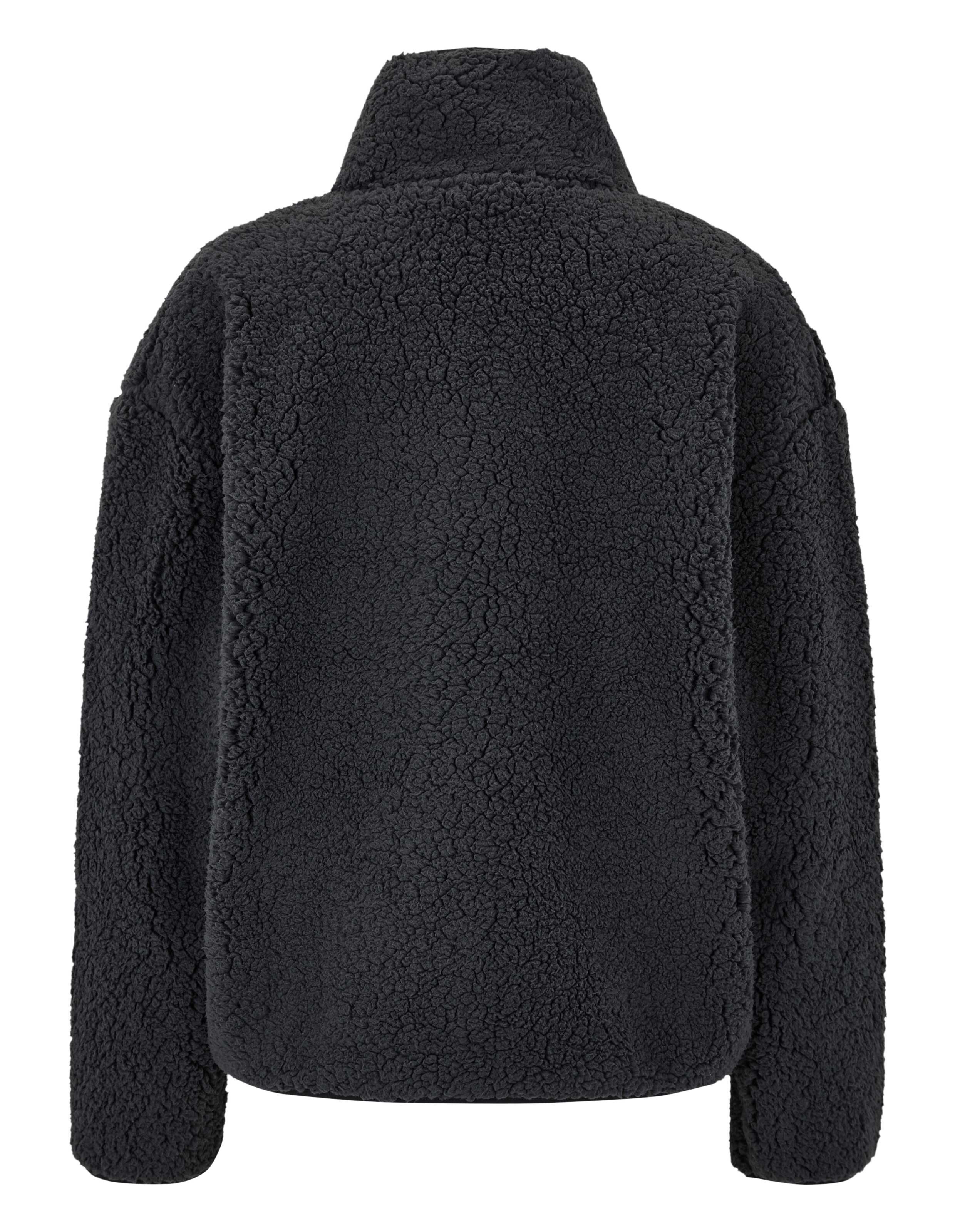 Rückansicht einer kuscheligen schwarzen Teddyfleecejacke von Venice Beach Carol mit hohem Kragen.