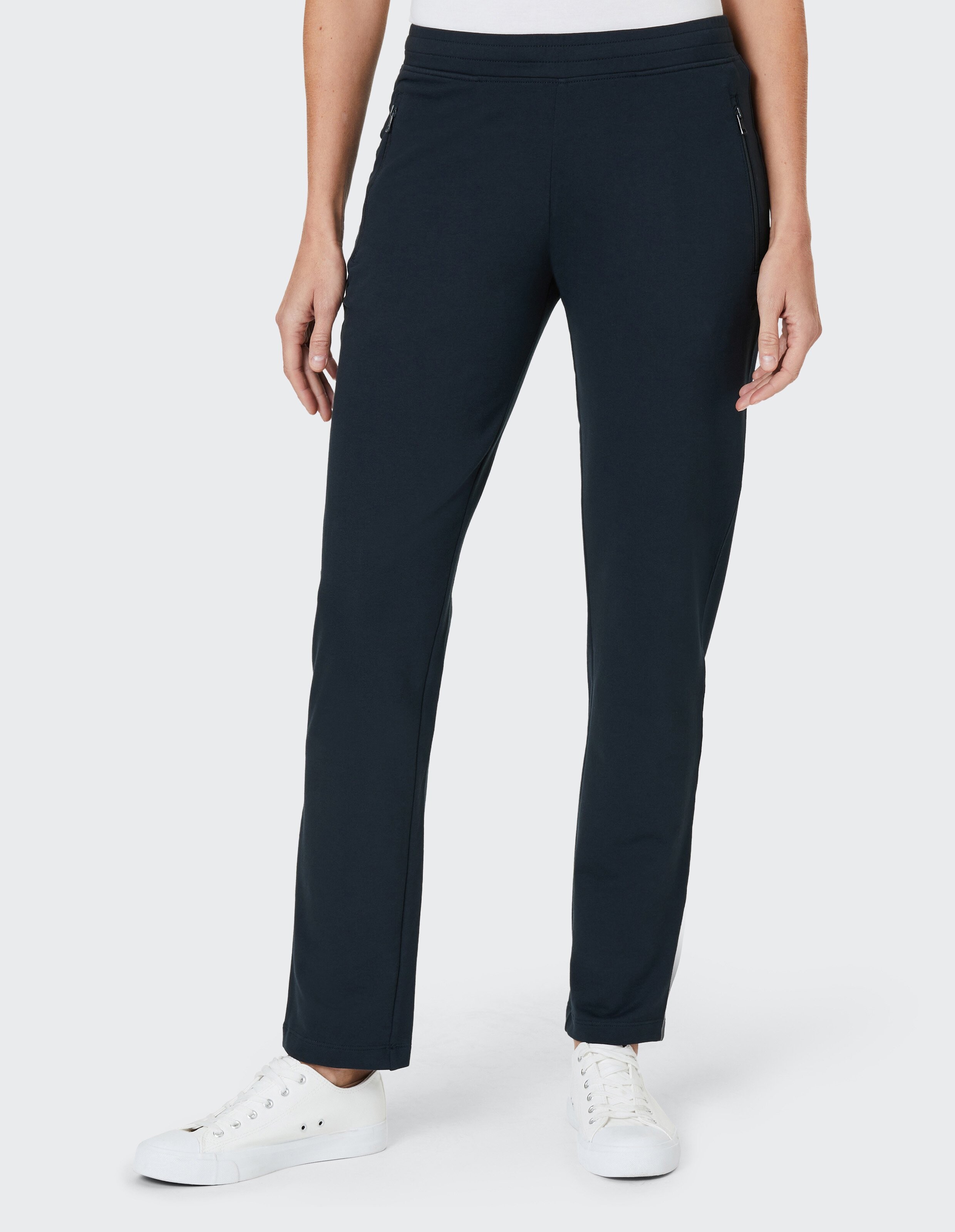 Schwarze Hose mit geradem Schnitt und elastischem Bund, ohne auffällige Details oder Taschen, frontal abgebildet.