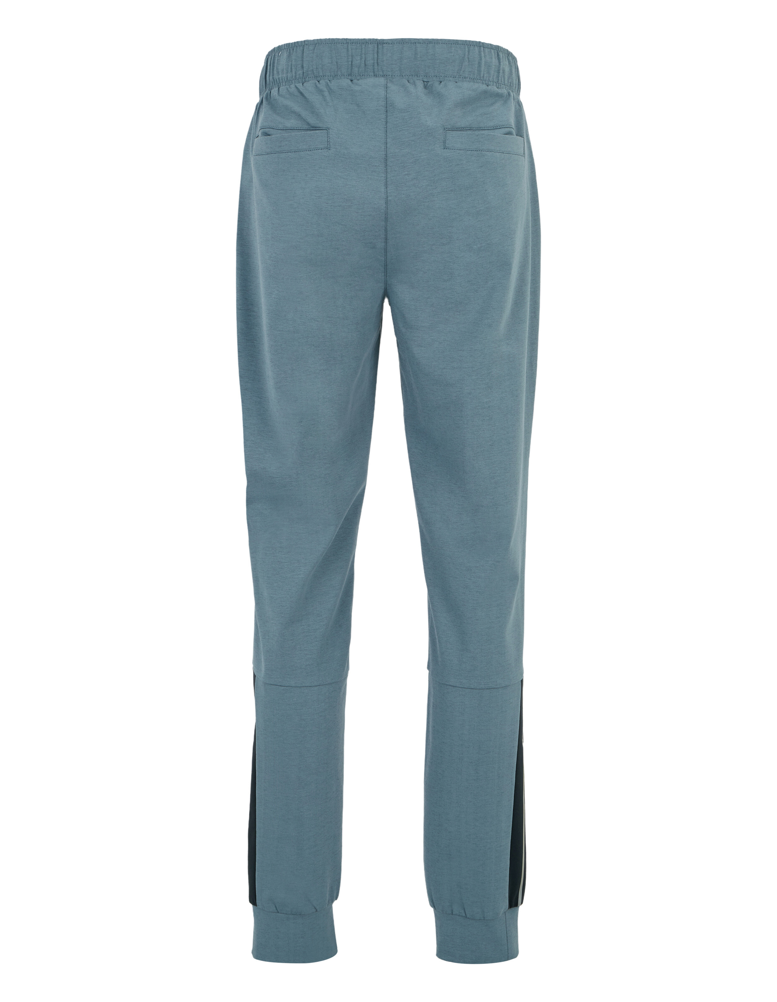 Eine blaue Jogginghose mit elastischem Bund, zwei Gesäßtaschen und schwarzen Einsätzen an den Seiten, von hinten gesehen.