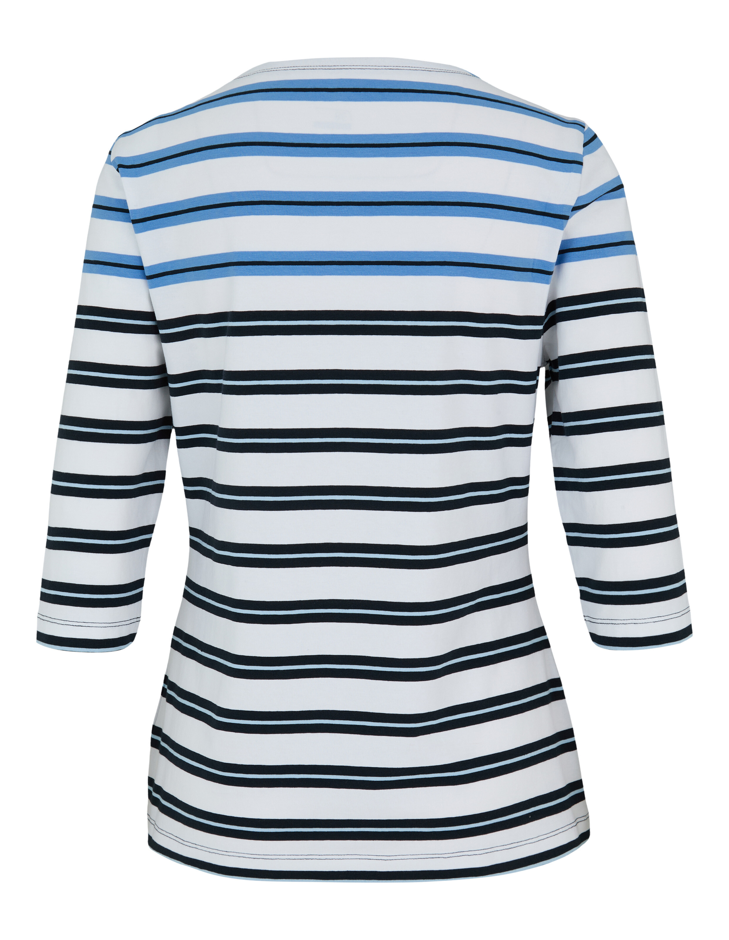 Rückansicht eines gestreiften Langarmoberteils in Blau und Schwarz, perfekt für Freizeitkleidung.