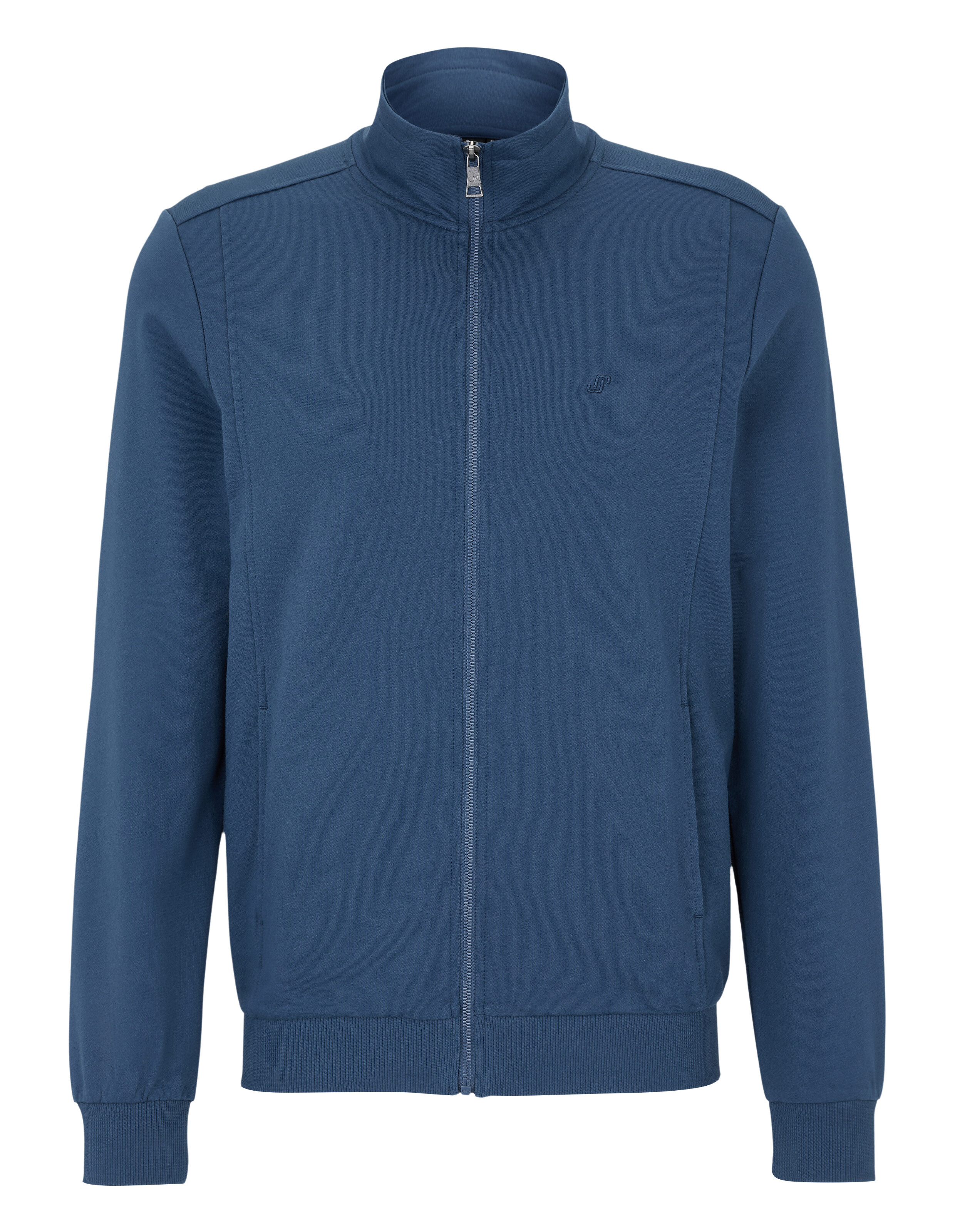 Blauer Herren-Pullover mit durchgehendem Reißverschluss und dezentem Logo auf der Brust.